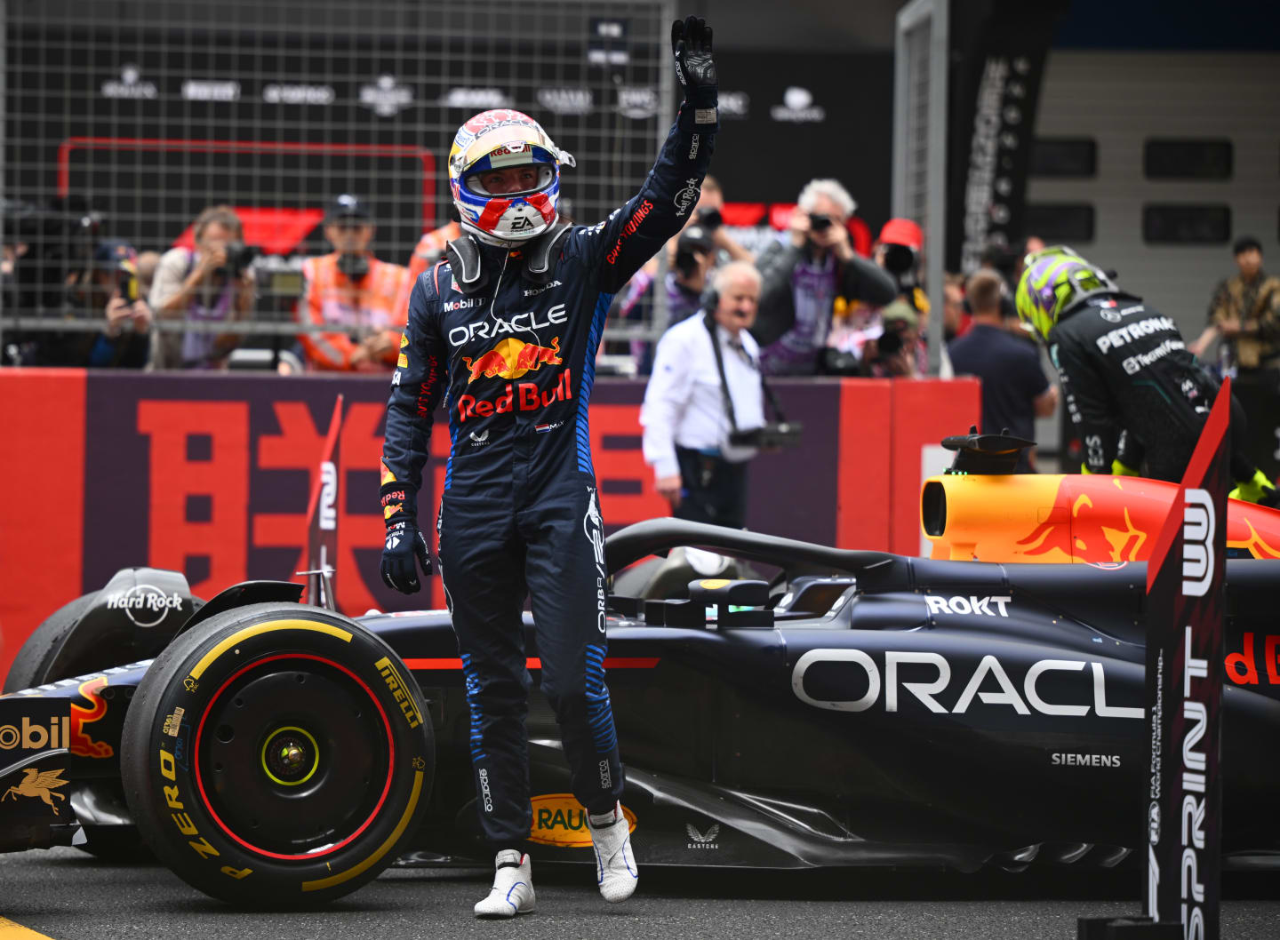 SHANGHAI, CHINA - APRIL 20: Sprint winner Max Verstappen of the Netherlands and Oracle Red Bull Racing celebrates in parc ferme during the Sprint ahead of the F1 Grand Prix of China at Shanghai International Circuit on April 20, 2024 in Shanghai, China. (Photo by Clive Mason - Formula 1/Formula 1 via Getty Images)