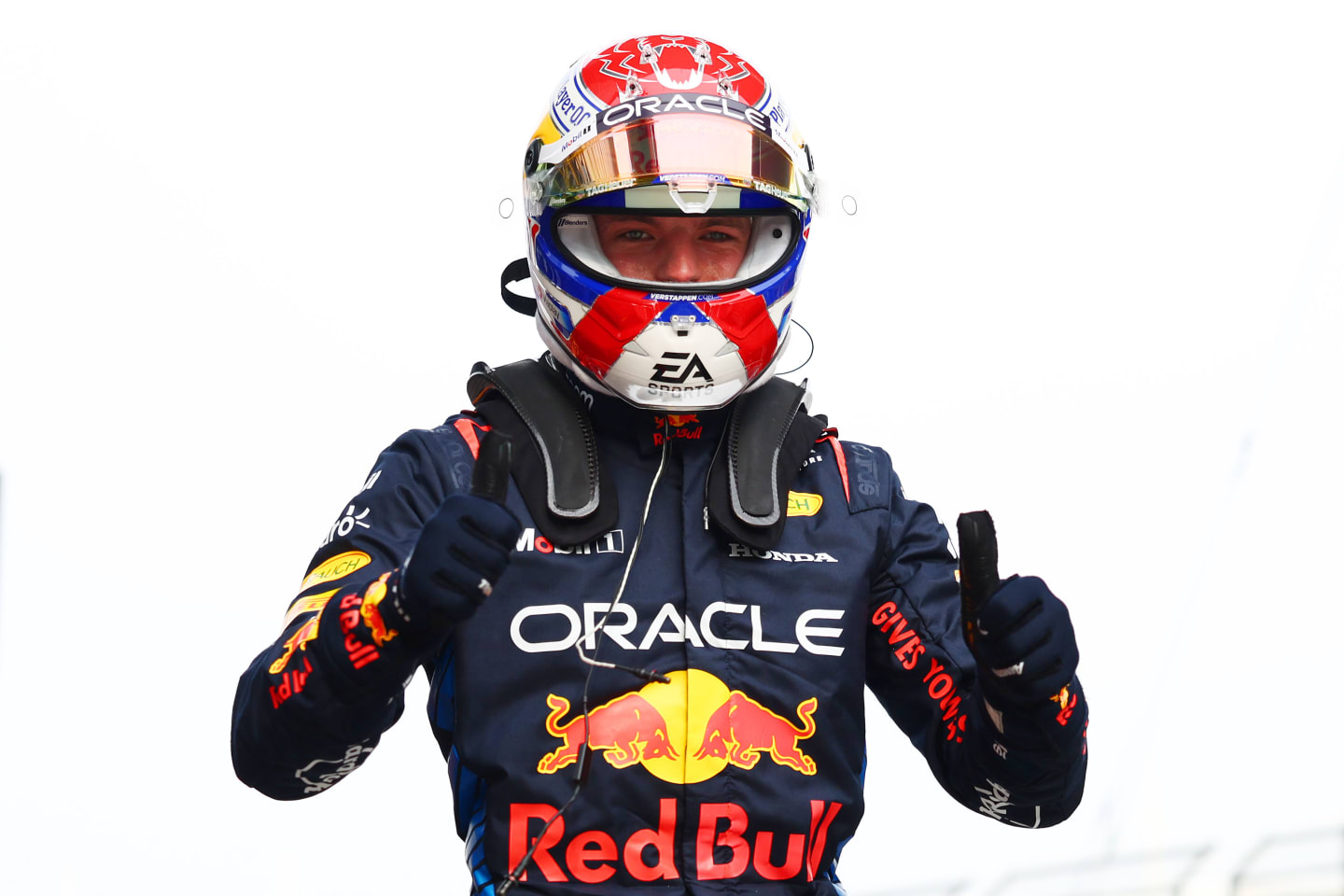 SHANGHAI, CHINA - APRIL 20: Pole position qualifier Max Verstappen of the Netherlands and Oracle Red Bull Racing celebrates in parc ferme after qualifying ahead of the F1 Grand Prix of China at Shanghai International Circuit on April 20, 2024 in Shanghai, China. (Photo by Bryn Lennon - Formula 1/Formula 1 via Getty Images)