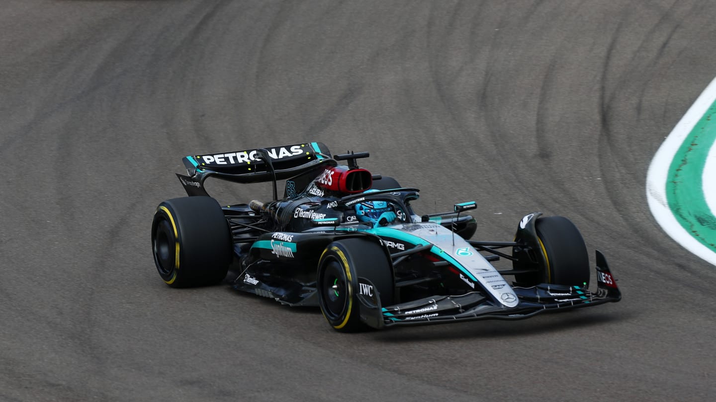 IMOLA, ITALY - MAY 19: George Russell of Great Britain driving the (63) Mercedes AMG Petronas F1 Team W15 on track during the F1 Grand Prix of Emilia-Romagna at Autodromo Enzo e Dino Ferrari Circuit on May 19, 2024 in Imola, Italy. (Photo by Peter Fox - Formula 1/Formula 1 via Getty Images)