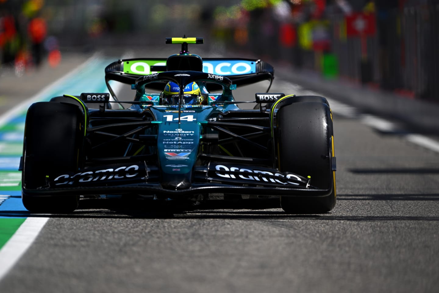 IMOLA, ITALY - MAY 17: Fernando Alonso of Spain driving the (14) Aston Martin AMR24 Mercedes in the Pitlane during practice ahead of the F1 Grand Prix of Emilia-Romagna at Autodromo Enzo e Dino Ferrari Circuit on May 17, 2024 in Imola, Italy. (Photo by Rudy Carezzevoli/Getty Images)