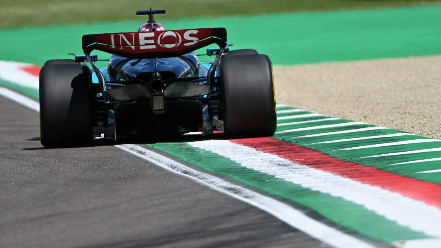 IMOLA, ITALY - MAY 17: George Russell of Great Britain driving the (63) Mercedes AMG Petronas F1 Team W15 on track during practice ahead of the F1 Grand Prix of Emilia-Romagna at Autodromo Enzo e Dino Ferrari Circuit on May 17, 2024 in Imola, Italy. (Photo by James Sutton - Formula 1/Formula 1 via Getty Images)