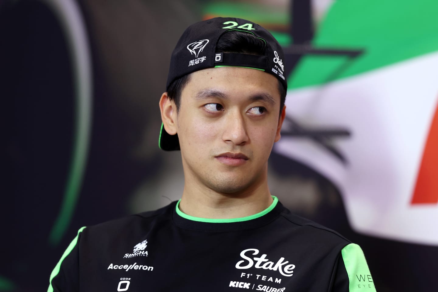 IMOLA, ITALY - MAY 16: Zhou Guanyu of China and Stake F1 Team Kick Sauber attends the Drivers Press Conference during previews ahead of the F1 Grand Prix of Emilia-Romagna at Autodromo Enzo e Dino Ferrari Circuit on May 16, 2024 in Imola, Italy. (Photo by Lars Baron/Getty Images)