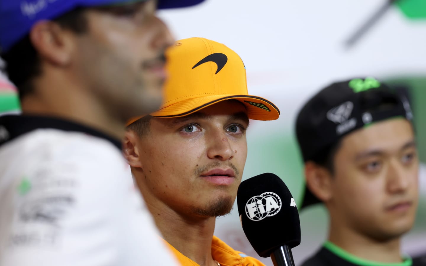 IMOLA, ITALY - MAY 16: Lando Norris of Great Britain and McLaren attends the Drivers Press Conference during previews ahead of the F1 Grand Prix of Emilia-Romagna at Autodromo Enzo e Dino Ferrari Circuit on May 16, 2024 in Imola, Italy. (Photo by Lars Baron/Getty Images)