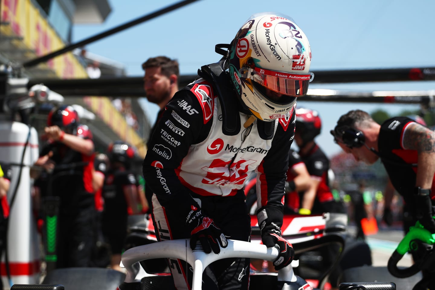 IMOLA, ITALY - MAY 18: Kevin Magnussen of Denmark and Haas F1 stops in the Pitlane during final practice ahead of the F1 Grand Prix of Emilia-Romagna at Autodromo Enzo e Dino Ferrari Circuit on May 18, 2024 in Imola, Italy. (Photo by Peter Fox - Formula 1/Formula 1 via Getty Images)