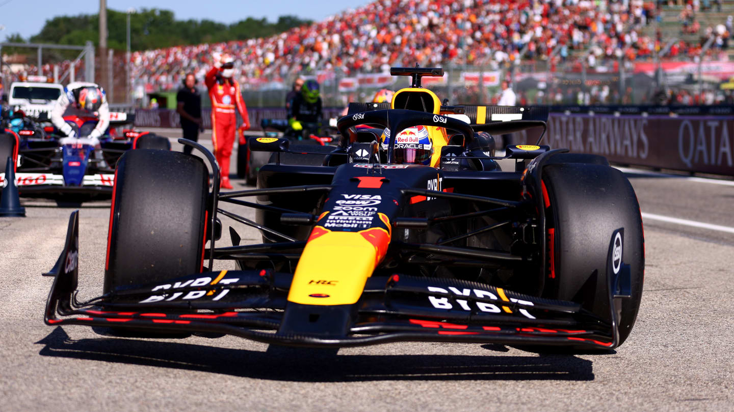 IMOLA, ITALY - MAY 18: Pole position qualifier Max Verstappen of the Netherlands and Oracle Red Bull Racing stops in parc ferme during qualifying ahead of the F1 Grand Prix of Emilia-Romagna at Autodromo Enzo e Dino Ferrari Circuit on May 18, 2024 in Imola, Italy. (Photo by Bryn Lennon - Formula 1/Formula 1 via Getty Images)