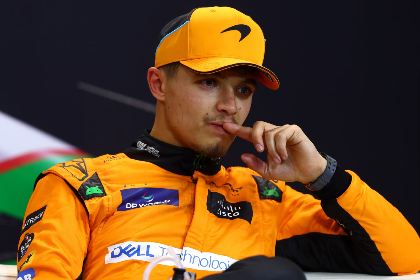 IMOLA, ITALY - MAY 18: Third placed qualifier Lando Norris of Great Britain and McLaren attends the press conference after qualifying ahead of the F1 Grand Prix of Emilia-Romagna at Autodromo Enzo e Dino Ferrari Circuit on May 18, 2024 in Imola, Italy. (Photo by Lars Baron/Getty Images)