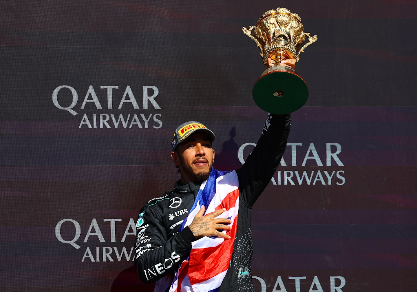 NORTHAMPTON, ENGLAND - JULY 07: Race winner Lewis Hamilton of Great Britain and Mercedes celebrates