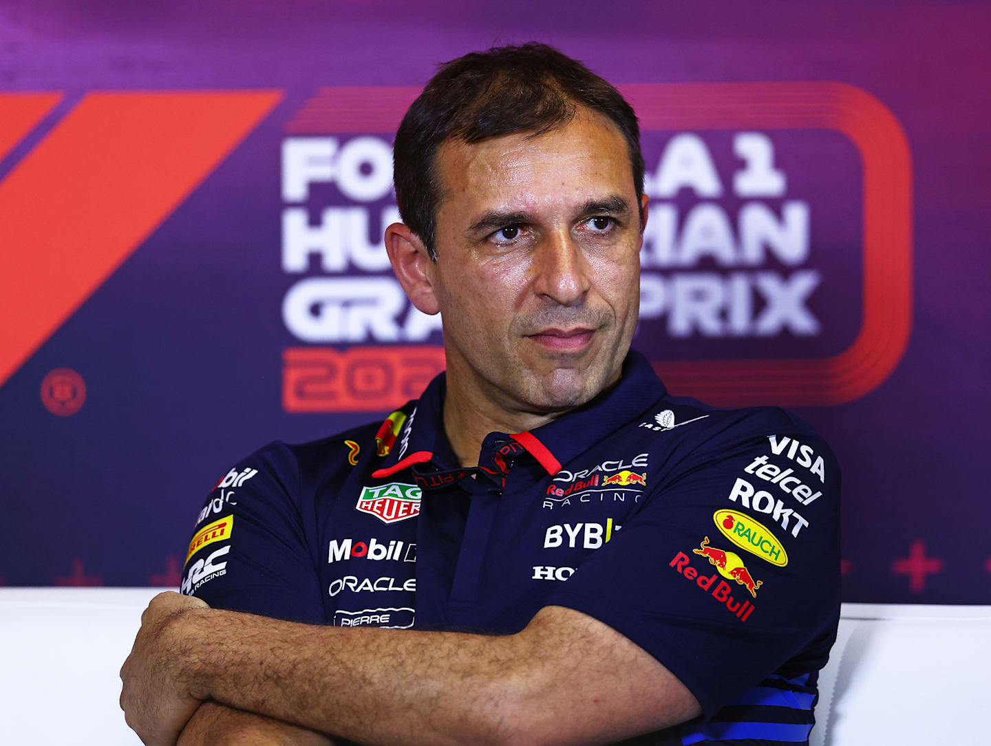 BUDAPEST, HUNGARY - JULY 19: Pierre Wache, Chief Engineer of Performance Engineering at Oracle Red Bull Racing attends the Team Principals Press Conference during practice ahead of the F1 Grand Prix of Hungary at Hungaroring on July 19, 2024 in Budapest, Hungary. (Photo by Bryn Lennon/Getty Images)