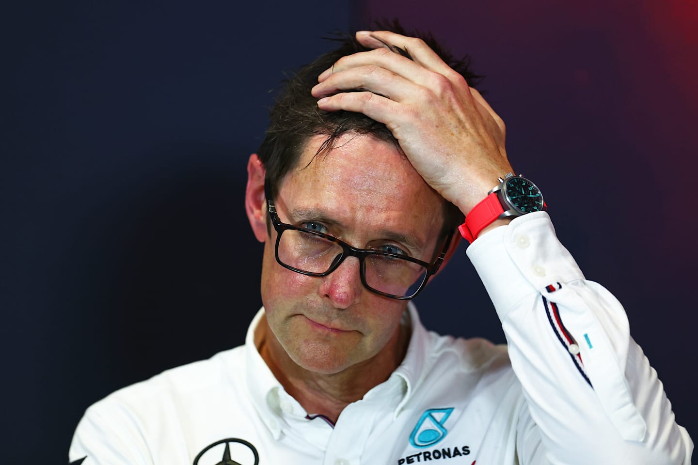 BUDAPEST, HUNGARY - JULY 19: Andrew Shovlin, Trackside Engineering Director of Mercedes GP attends the Team Principals Press Conference  during practice ahead of the F1 Grand Prix of Hungary at Hungaroring on July 19, 2024 in Budapest, Hungary. (Photo by Bryn Lennon/Getty Images)