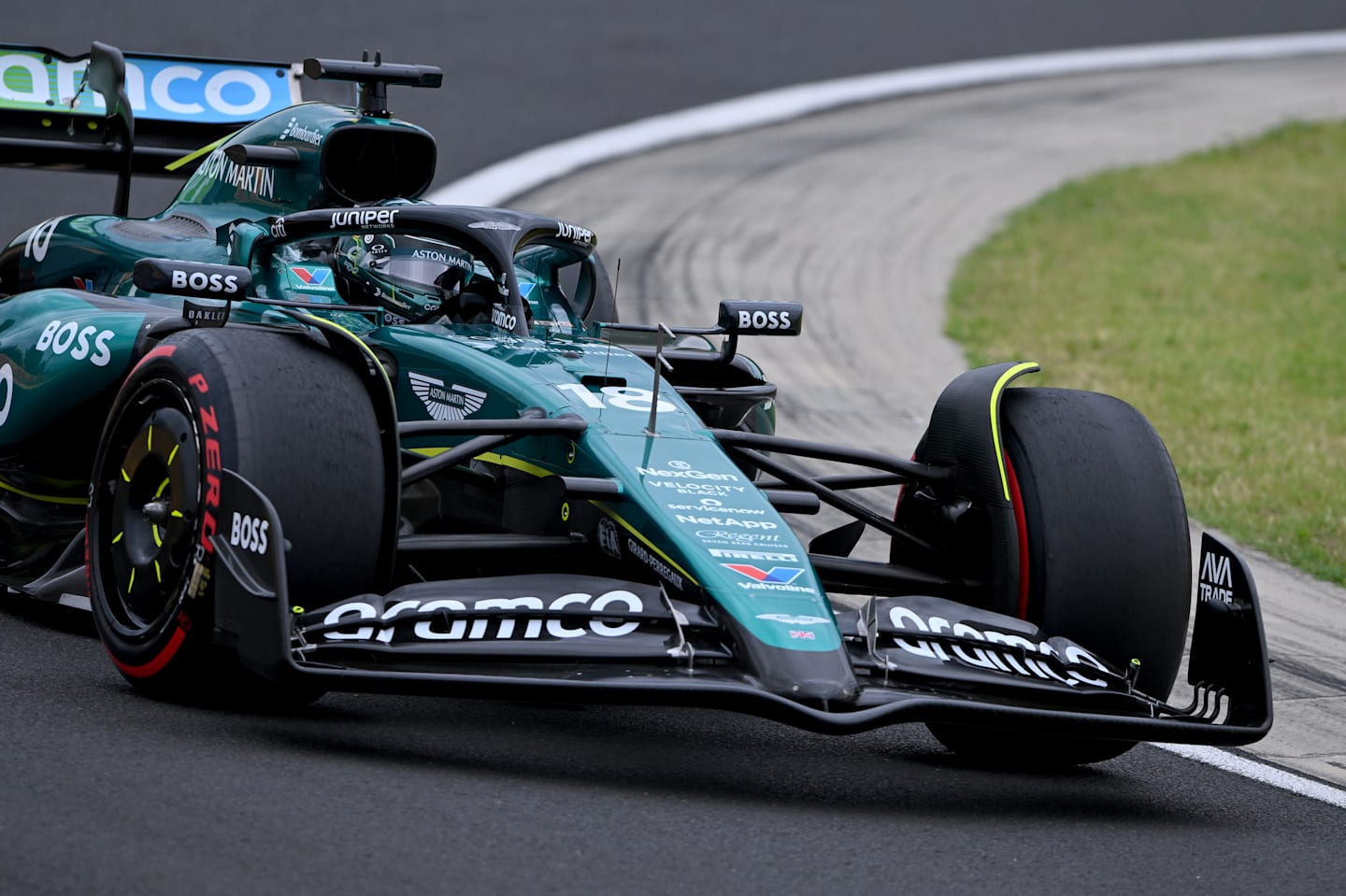 BUDAPEST, HUNGARY - JULY 20: Lance Stroll of Canada driving the (18) Aston Martin AMR24 Mercedes on track during final practice ahead of the F1 Grand Prix of Hungary at Hungaroring on July 20, 2024 in Budapest, Hungary. (Photo by Rudy Carezzevoli/Getty Images)