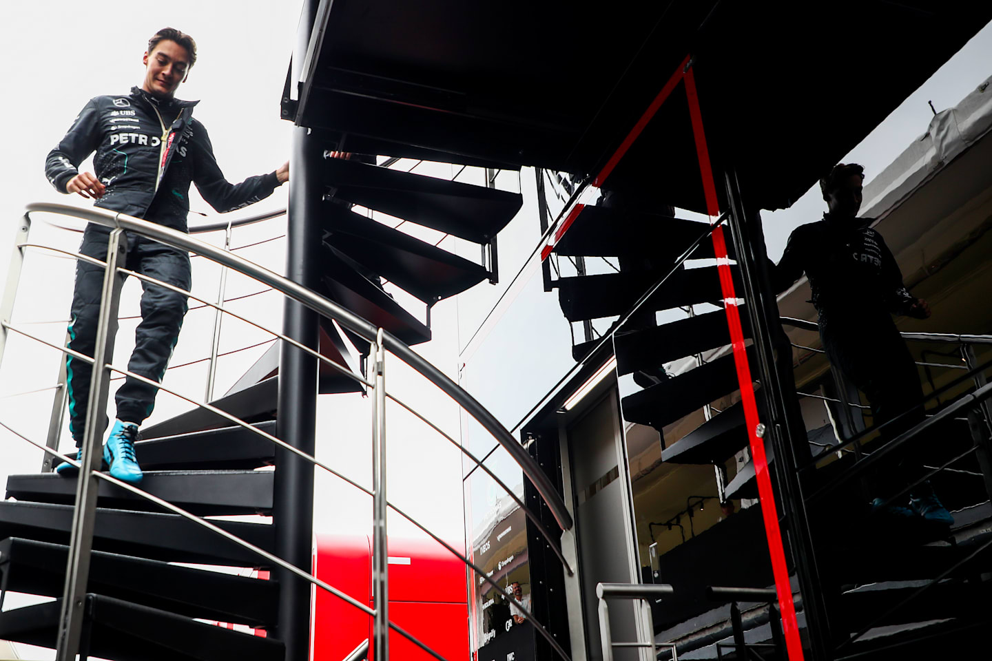 BUDAPEST, HUNGARY - JULY 20: George Russell of Mercedes and Great Britain in the paddock during qualifying ahead of the F1 Grand Prix of Hungary at Hungaroring on July 20, 2024 in Budapest, Hungary. (Photo by Peter Fox - Formula 1/Formula 1 via Getty Images)