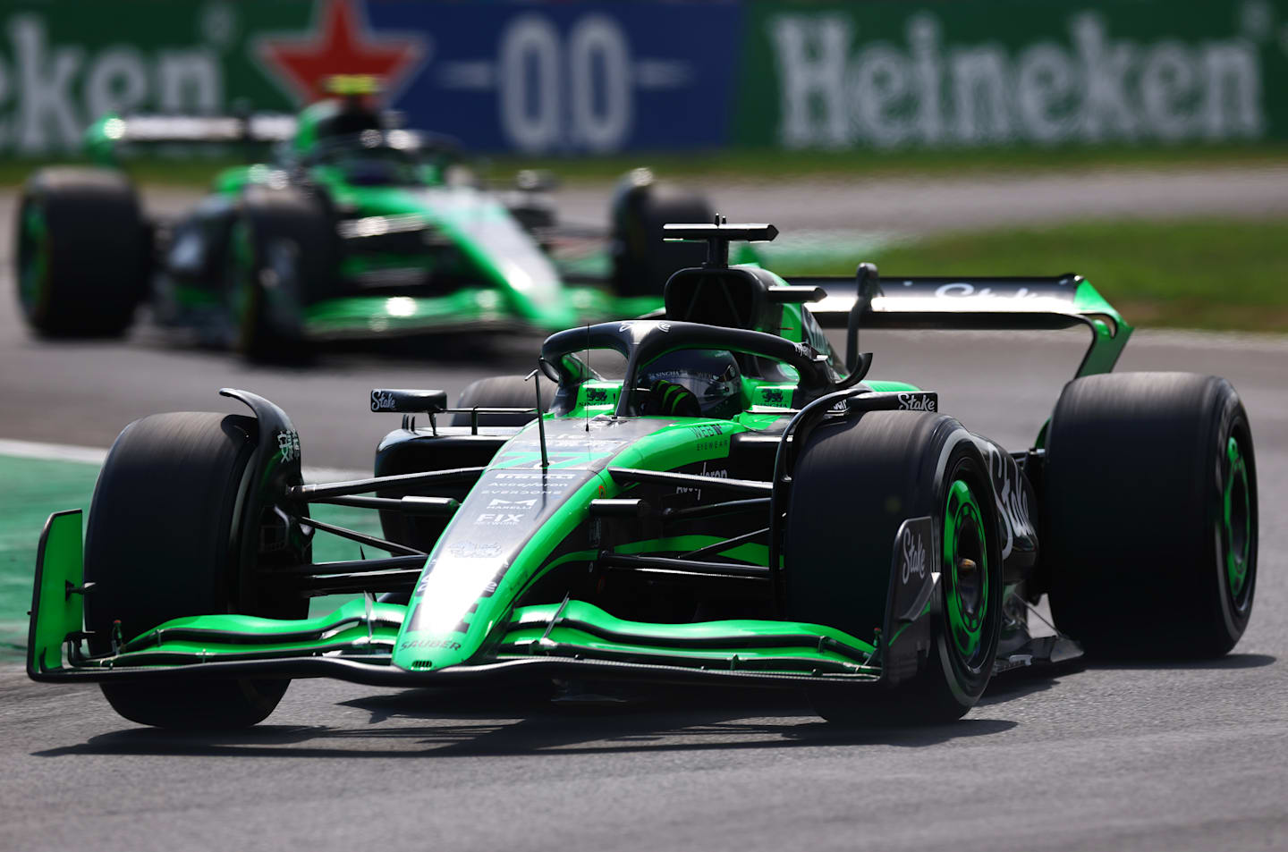 MONZA, ITALY - SEPTEMBER 01: Valtteri Bottas of Finland driving the (77) Kick Sauber C44 Ferrari leads Zhou Guanyu of China driving the (24) Kick Sauber C44 Ferrari on track during the F1 Grand Prix of Italy at Autodromo Nazionale Monza on September 01, 2024 in Monza, Italy. (Photo by Lars Baron/Getty Images)