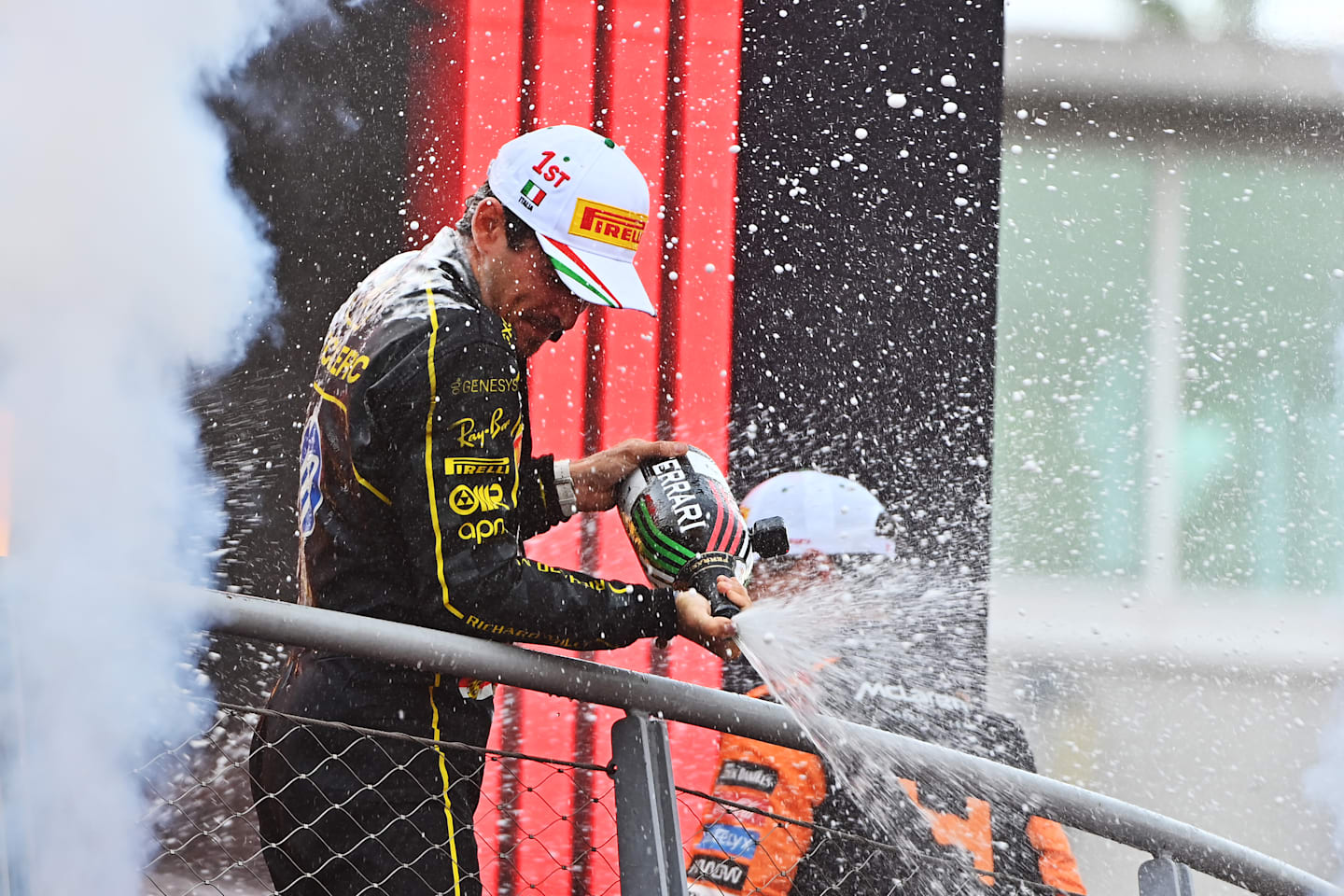 MONZA, ITALY - SEPTEMBER 01: Race winner Charles Leclerc of Monaco and Ferrari celebrates on the podium during the F1 Grand Prix of Italy at Autodromo Nazionale Monza on September 01, 2024 in Monza, Italy. (Photo by James Sutton - Formula 1/Formula 1 via Getty Images)