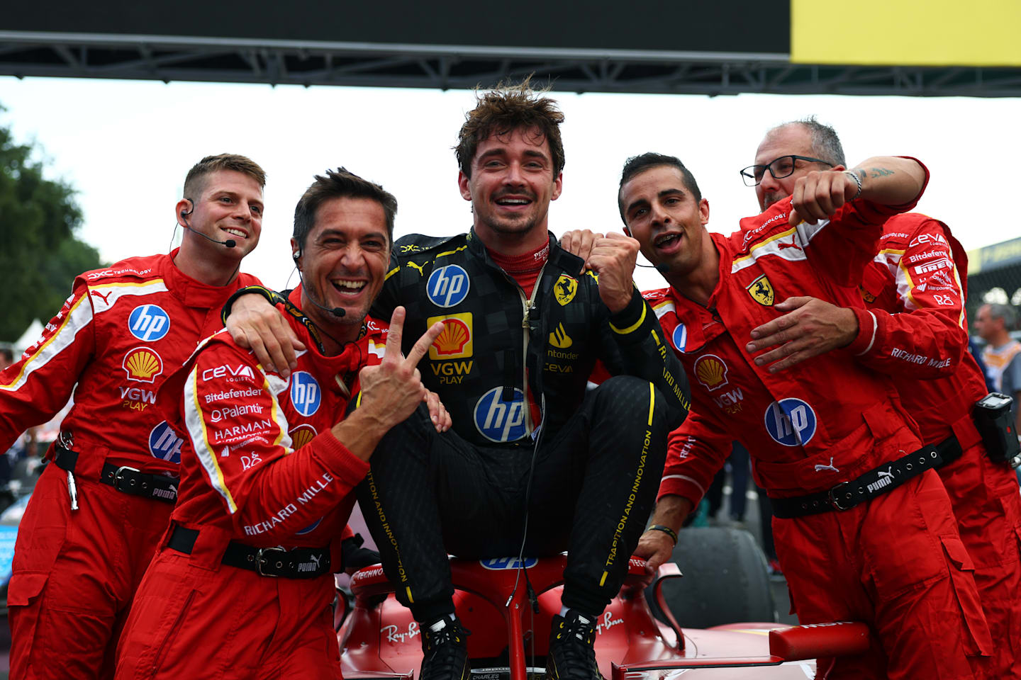 MONZA, ITALY - SEPTEMBER 01: Race winner Charles Leclerc of Monaco and Ferrari celebrates in parc ferme during the F1 Grand Prix of Italy at Autodromo Nazionale Monza. (Photo by Bryn Lennon - Formula 1/Formula 1 via Getty Images)