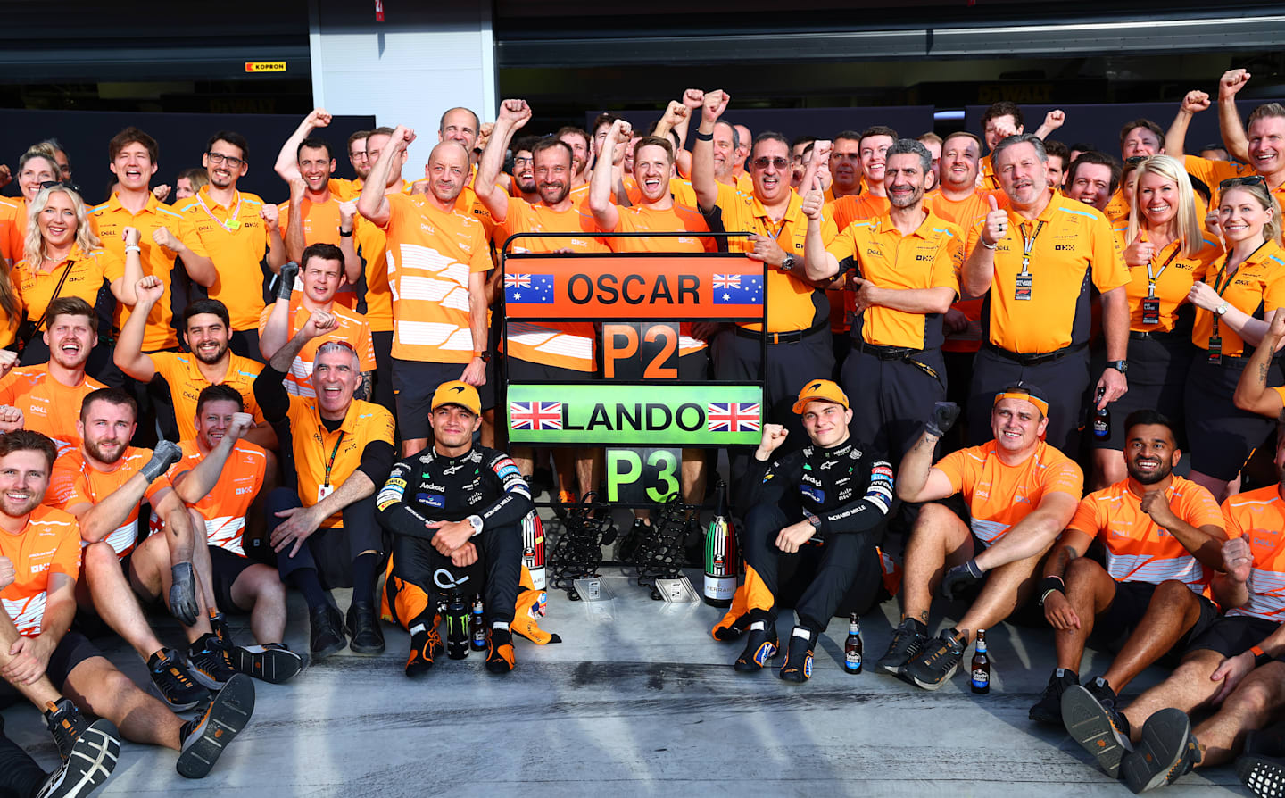 MONZA, ITALY - SEPTEMBER 01: The McLaren team celebrates Second placed Oscar Piastri of Australia