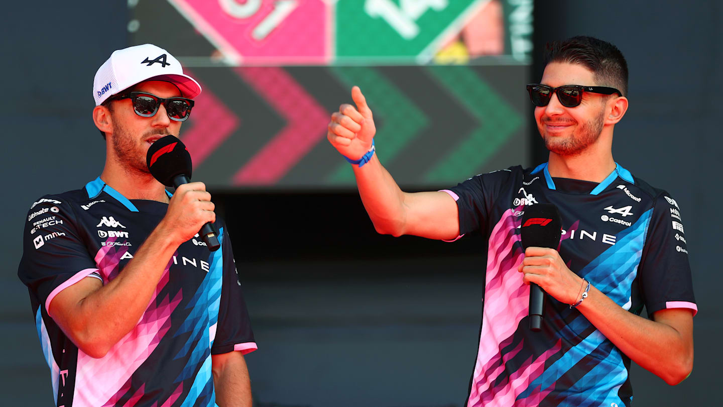 MONZA, ITALY - AUGUST 30: Pierre Gasly of France and Alpine F1 and Esteban Ocon of France and Alpine F1 on the fan forum stage prior to practice ahead of the F1 Grand Prix of Italy at Autodromo Nazionale Monza on August 30, 2024 in Monza, Italy. (Photo by Peter Fox - Formula 1/Formula 1 via Getty Images)