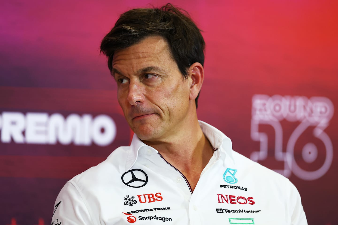 MONZA, ITALY - AUGUST 30: Mercedes GP Executive Director Toto Wolff attends the Team Principals Press Conference during practice ahead of the F1 Grand Prix of Italy at Autodromo Nazionale Monza on August 30, 2024 in Monza, Italy. (Photo by Bryn Lennon/Getty Images)