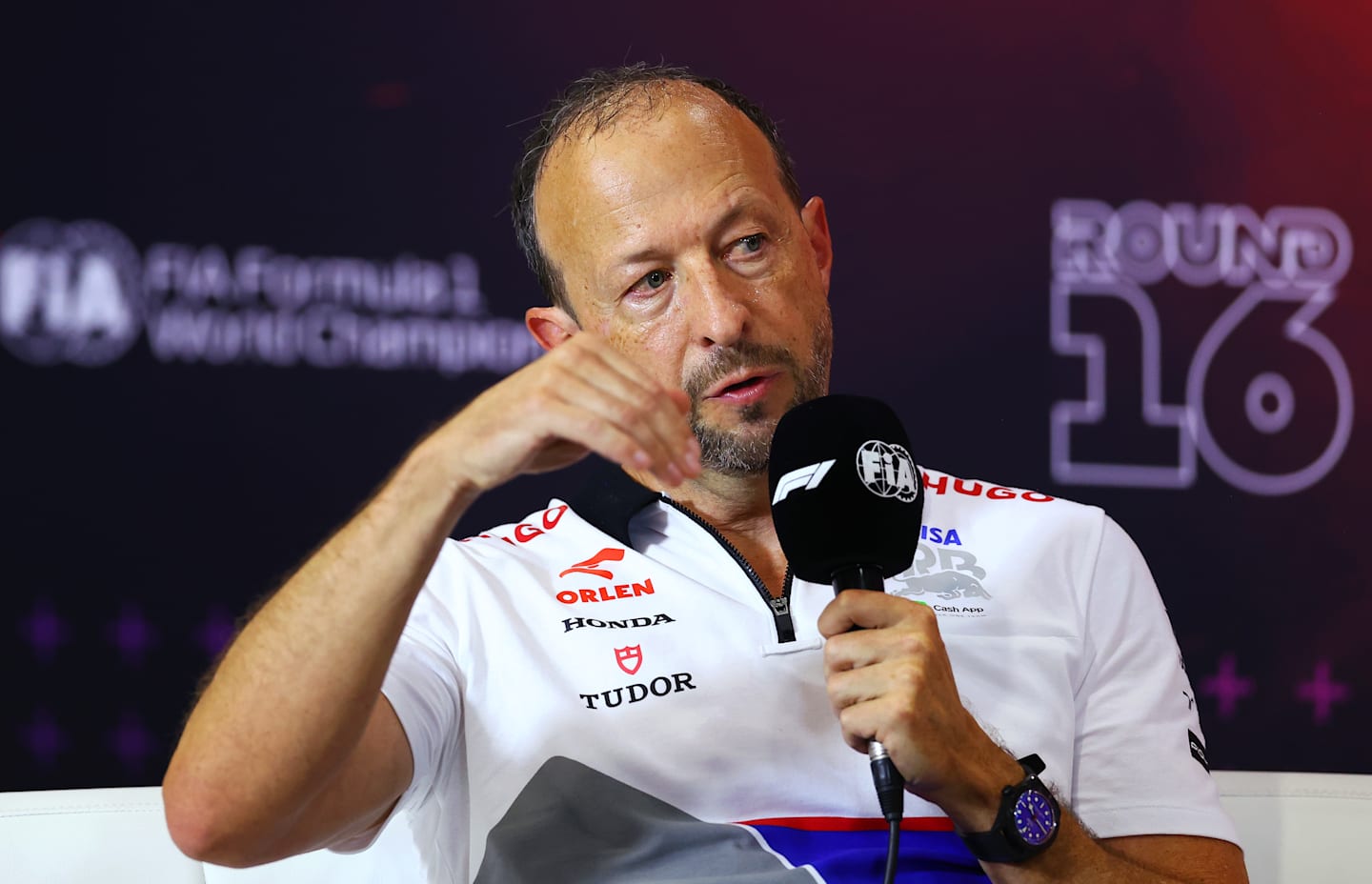 MONZA, ITALY - AUGUST 30: Peter Bayer, CEO of Visa Cash App RB attends the Team Principals Press Conference during practice ahead of the F1 Grand Prix of Italy at Autodromo Nazionale Monza on August 30, 2024 in Monza, Italy. (Photo by Bryn Lennon/Getty Images)