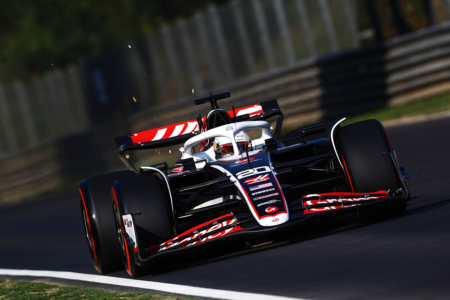 MONZA, ITALY - AUGUST 30: Kevin Magnussen of Denmark driving the (20) Haas F1 VF-24 Ferrari on track during practice ahead of the F1 Grand Prix of Italy at Autodromo Nazionale Monza on August 30, 2024 in Monza, Italy. (Photo by Mark Thompson/Getty Images)