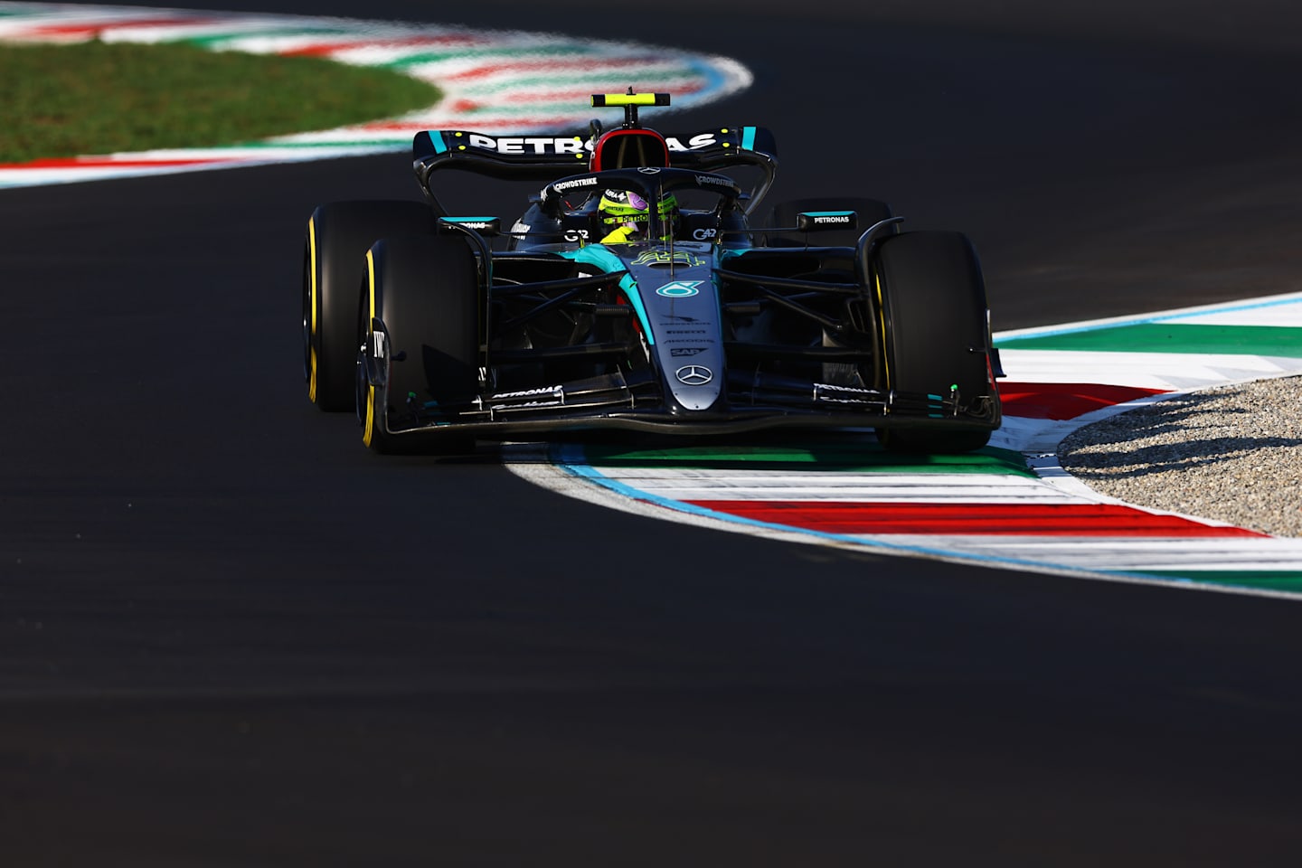 MONZA, ITALY - AUGUST 30: Lewis Hamilton of Great Britain driving the (44) Mercedes AMG Petronas F1 Team W15 on track during practice ahead of the F1 Grand Prix of Italy at Autodromo Nazionale Monza on August 30, 2024 in Monza, Italy. (Photo by Mark Thompson/Getty Images)