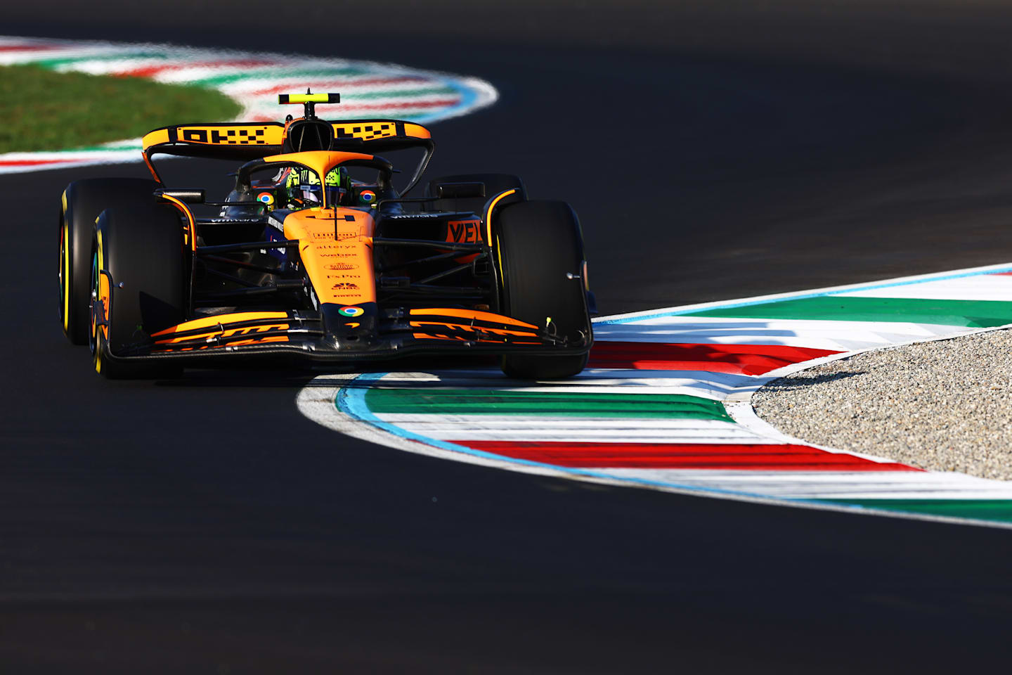 MONZA, ITALY - AUGUST 30: Lando Norris of Great Britain driving the (4) McLaren MCL38 Mercedes on track during practice ahead of the F1 Grand Prix of Italy at Autodromo Nazionale Monza on August 30, 2024 in Italy. (Photo by Mark Thompson/Getty Images)