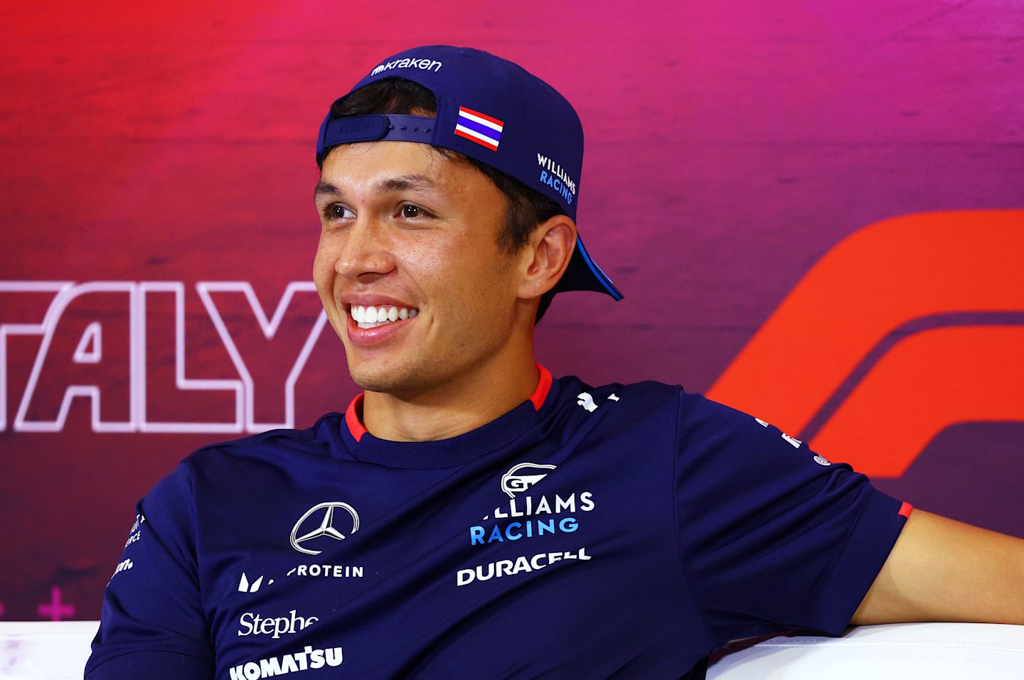 MONZA, ITALY - AUGUST 29: Alexander Albon of Thailand and Williams attends the Drivers Press Conference during previews ahead of the F1 Grand Prix of Italy at Autodromo Nazionale Monza on August 29, 2024 in Monza, Italy. (Photo by Clive Rose/Getty Images)