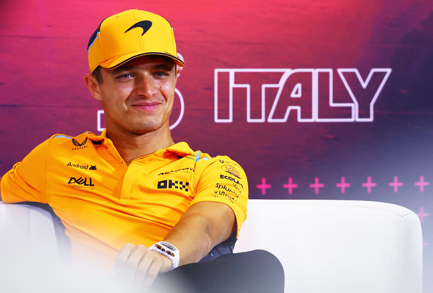 MONZA, ITALY - AUGUST 29: Lando Norris of Great Britain and McLaren attends the Drivers Press Conference during previews ahead of the F1 Grand Prix of Italy at Autodromo Nazionale Monza on August 29, 2024 in Monza, Italy. (Photo by Clive Rose/Getty Images)