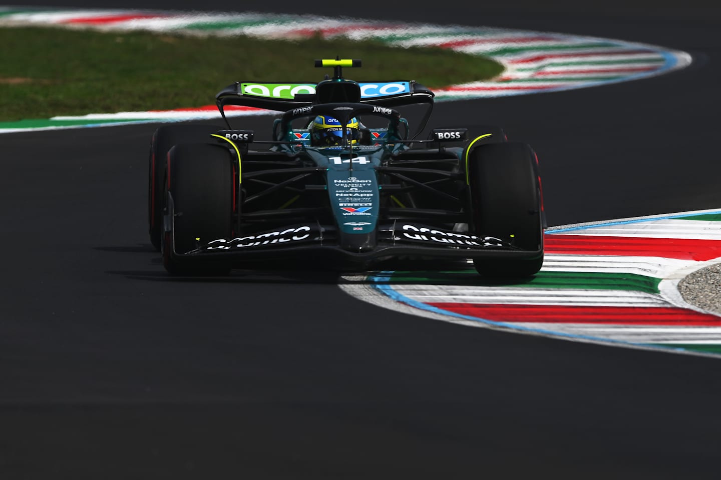 MONZA, ITALY - AUGUST 31: Fernando Alonso of Spain driving the (14) Aston Martin AMR24 Mercedes on track during final practice ahead of the F1 Grand Prix of Italy at Autodromo Nazionale Monza on August 31, 2024 in Monza, Italy. (Photo by Rudy Carezzevoli/Getty Images)