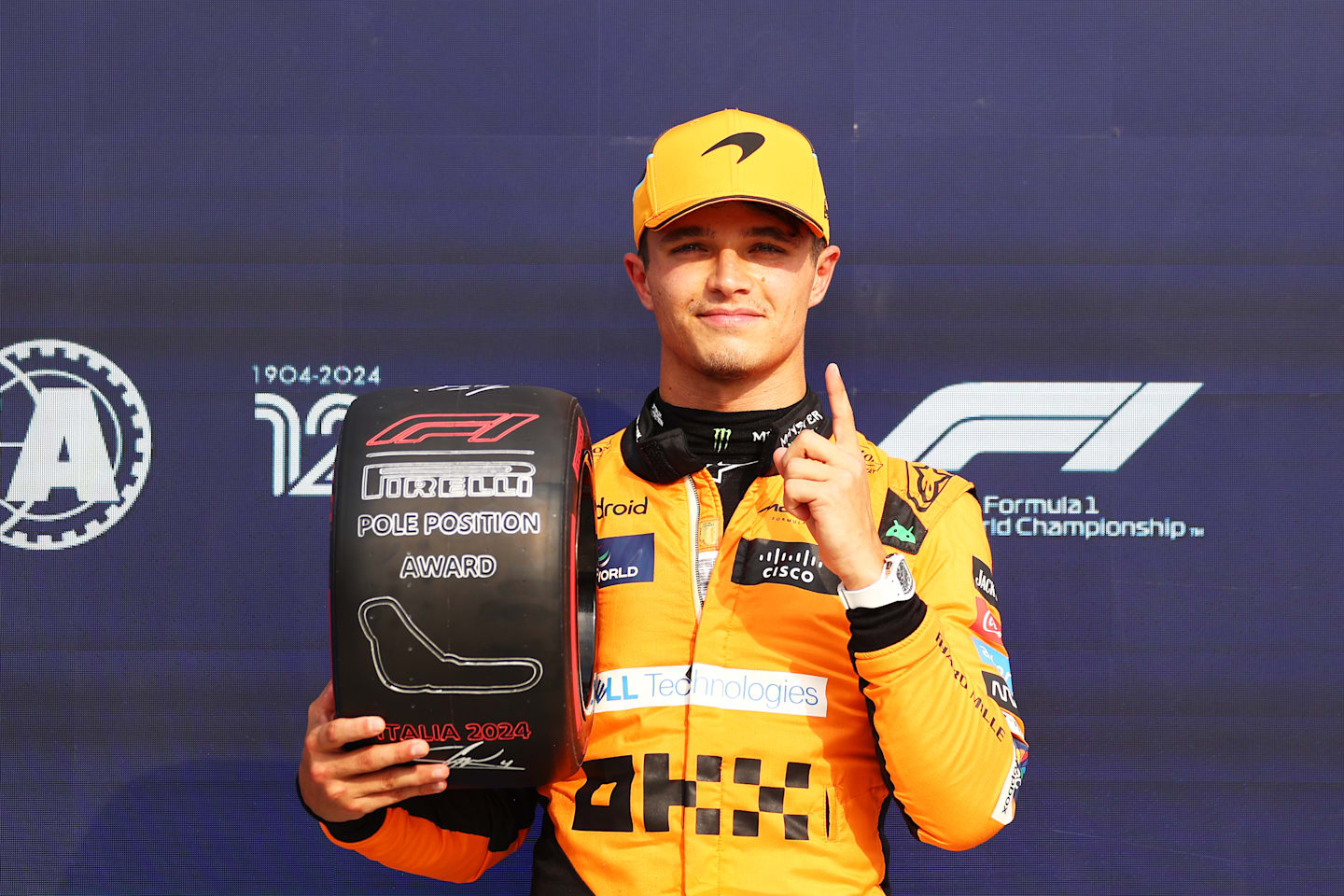 MONZA, ITALY - AUGUST 31: Pole position qualifier Lando Norris of Great Britain and McLaren is presented with the Pirelli Pole Position award during qualifying ahead of the F1 Grand Prix of Italy at Autodromo Nazionale Monza on August 31, 2024 in Monza, Italy. (Photo by Bryn Lennon - Formula 1/Formula 1 via Getty Images)