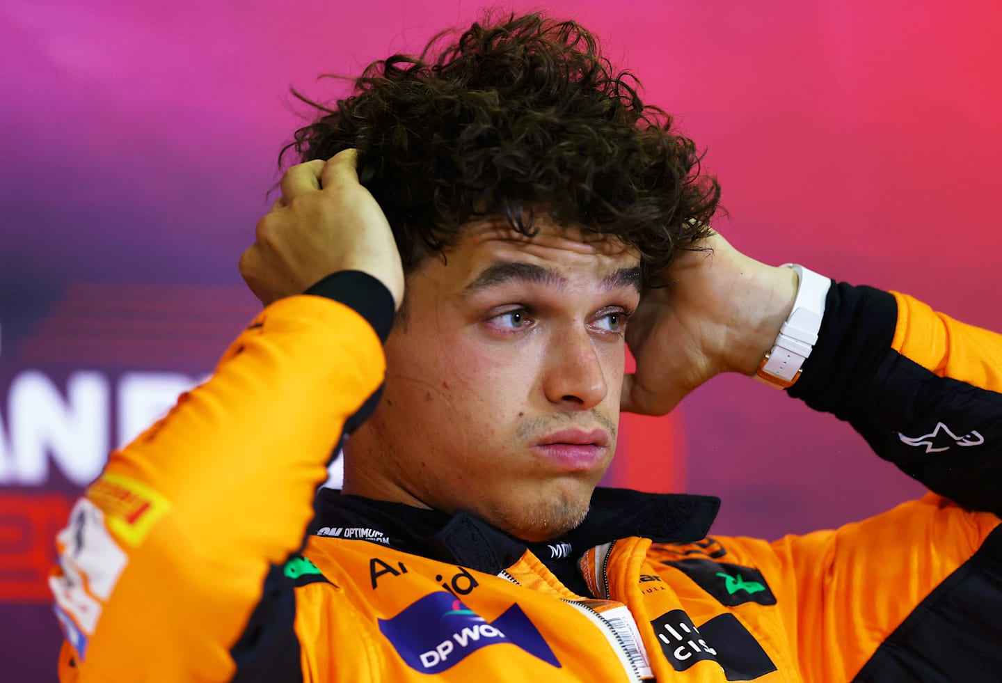 MONZA, ITALY - AUGUST 31: Lando Norris of Great Britain and McLaren attends the Drivers Press Conference during qualifying ahead of the F1 Grand Prix of Italy at Autodromo Nazionale Monza on August 31, 2024 in Monza, Italy. (Photo by Bryn Lennon/Getty Images)