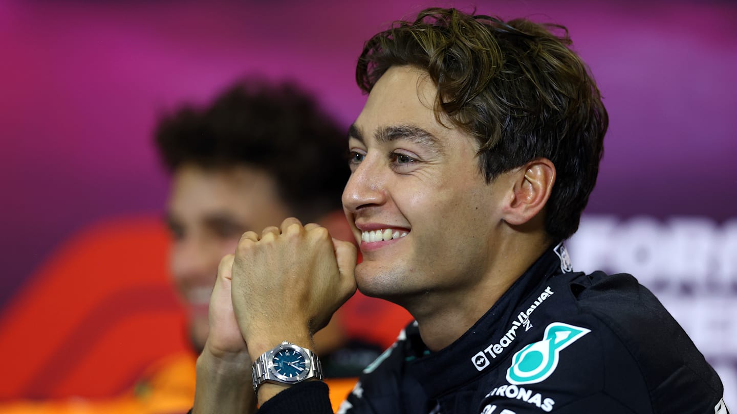 MONZA, ITALY - AUGUST 31: George Russell of Great Britain and Mercedes attends the Drivers Press Conference during qualifying ahead of the F1 Grand Prix of Italy at Autodromo Nazionale Monza on August 31, 2024 in Monza, Italy. (Photo by Bryn Lennon/Getty Images)