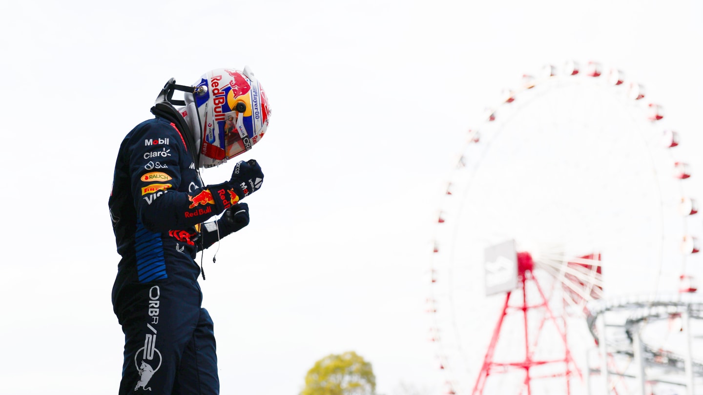 SUZUKA, JAPAN - APRIL 07: Race winner Max Verstappen of the Netherlands and Oracle Red Bull Racing celebrates in parc ferme during the F1 Grand Prix of Japan at Suzuka International Racing Course on April 07, 2024 in Suzuka, Japan. (Photo by Bryn Lennon - Formula 1/Formula 1 via Getty Images)