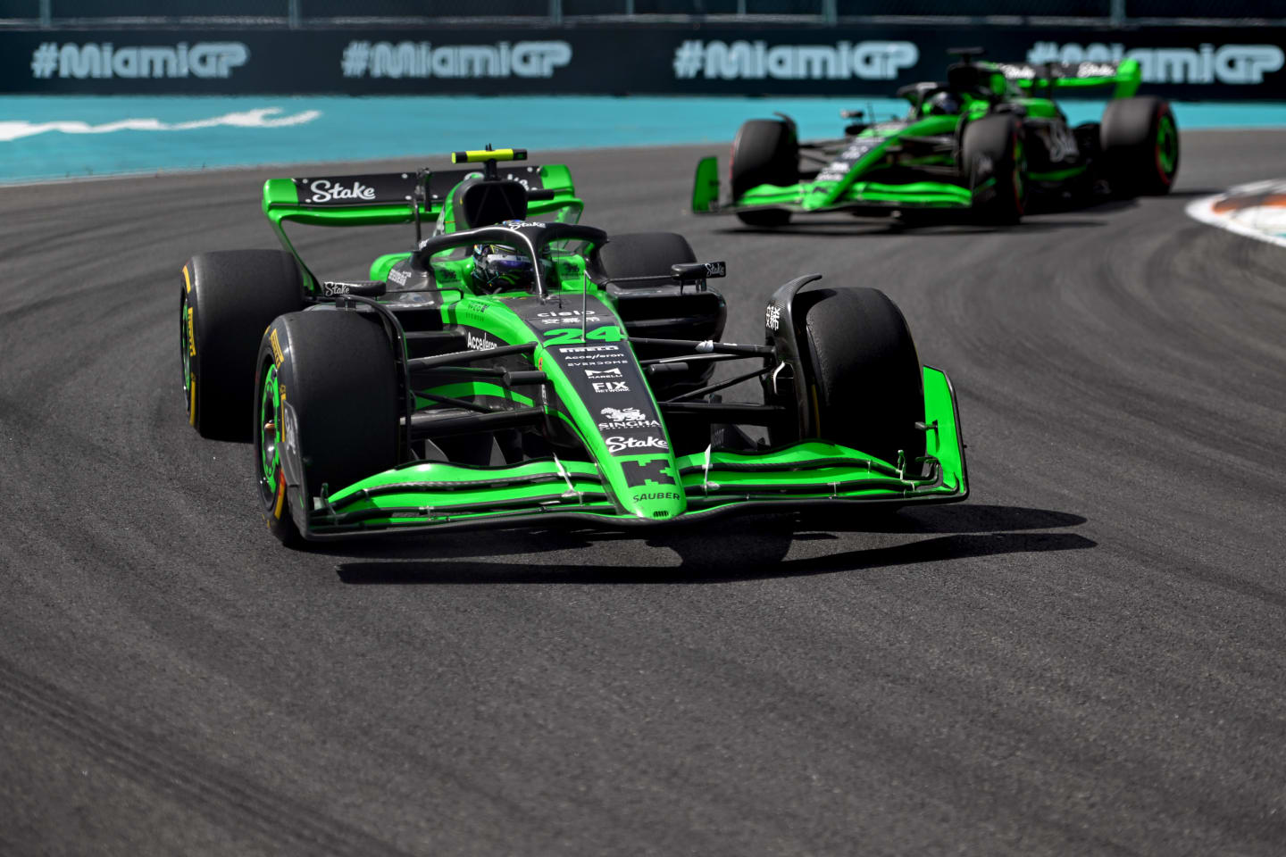 MIAMI, FLORIDA - MAY 05: Zhou Guanyu of China driving the (24) Kick Sauber C44 Ferrari leads Valtteri Bottas of Finland driving the (77) Kick Sauber C44 Ferrari on track during the F1 Grand Prix of Miami at Miami International Autodrome on May 05, 2024 in Miami, Florida. (Photo by Rudy Carezzevoli/Getty Images)