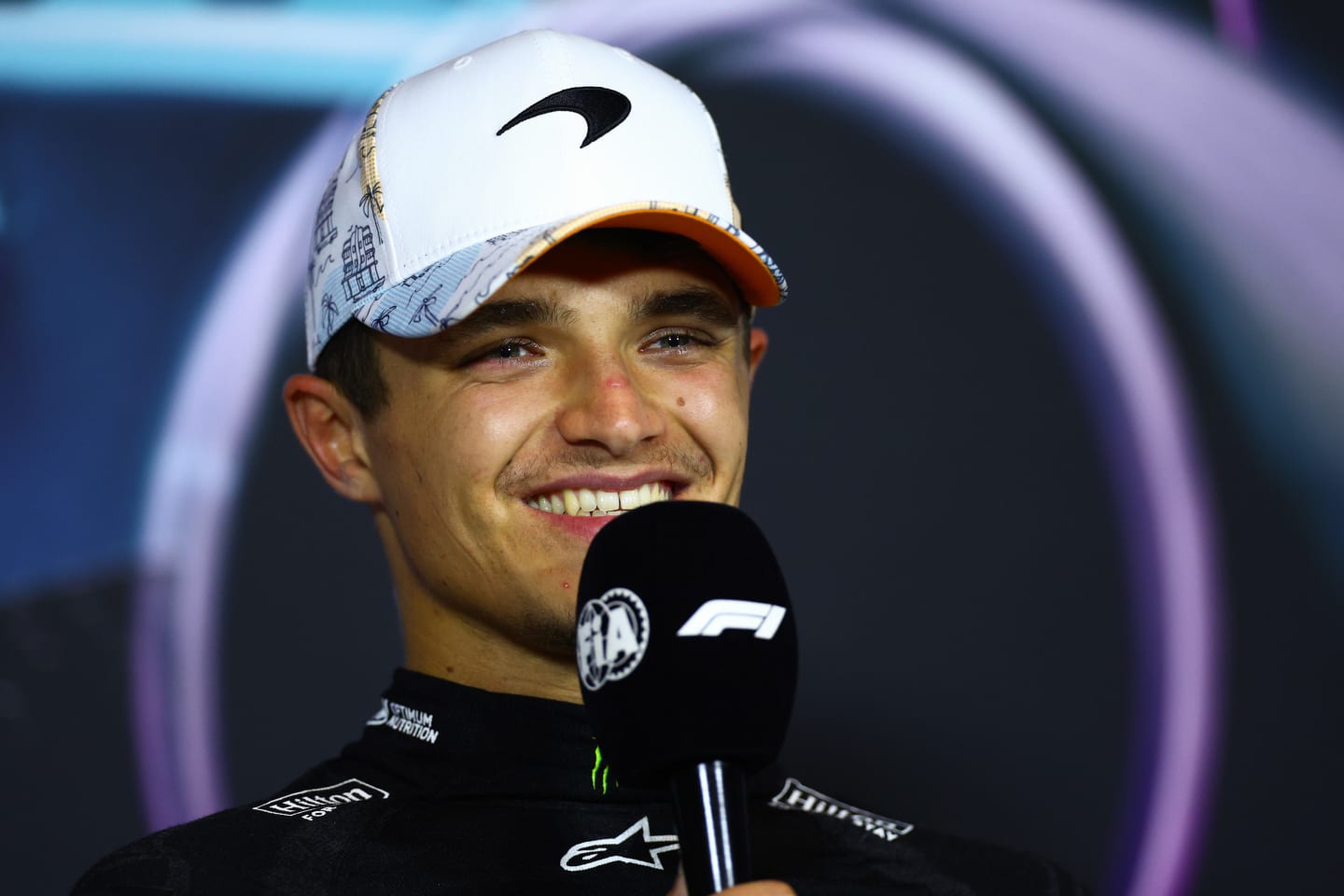 MIAMI, FLORIDA - MAY 05: Race winner Lando Norris of Great Britain and McLaren attends the press conference after the F1 Grand Prix of Miami at Miami International Autodrome on May 05, 2024 in Miami, Florida. (Photo by Clive Rose/Getty Images)