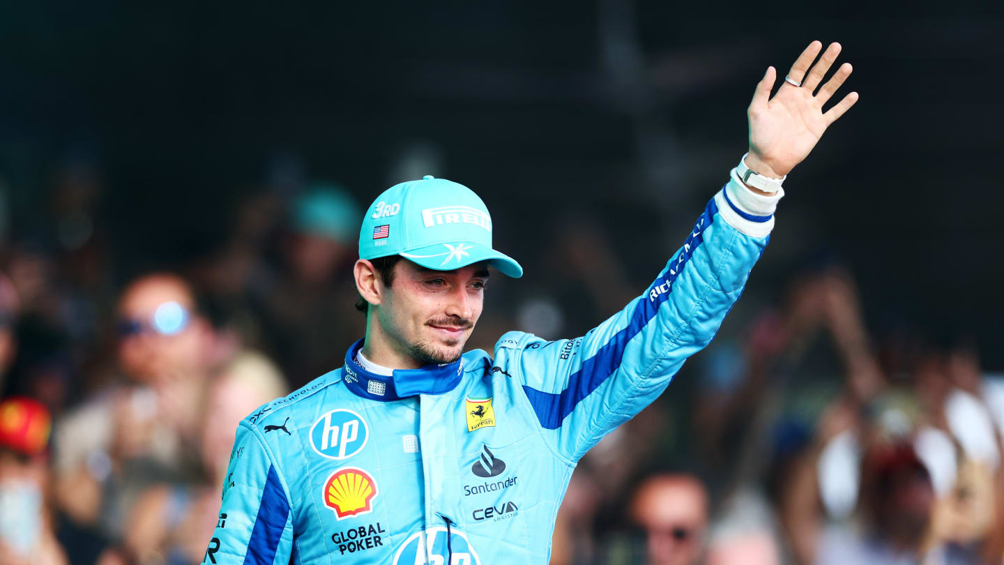 MIAMI, FLORIDA - MAY 05: Charles Leclerc of Monaco and Ferrari celebrates on the podium following