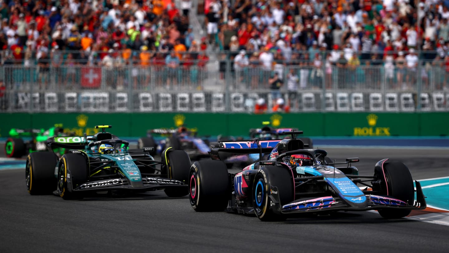 MIAMI, FLORIDA - MAY 05: Esteban Ocon of France driving the (31) Alpine F1 A524 Renault leads