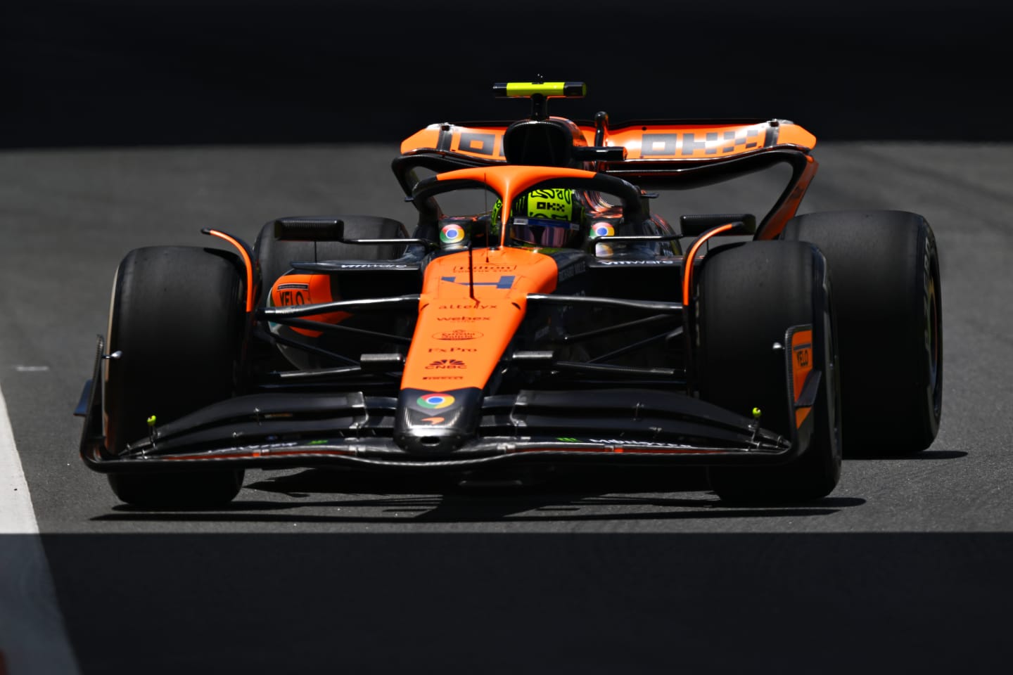MIAMI, FLORIDA - MAY 03: Lando Norris of Great Britain driving the (4) McLaren MCL38 Mercedes on track during practice ahead of the F1 Grand Prix of Miami at Miami International Autodrome on May 03, 2024 in Miami, Florida. (Photo by Clive Mason/Getty Images)