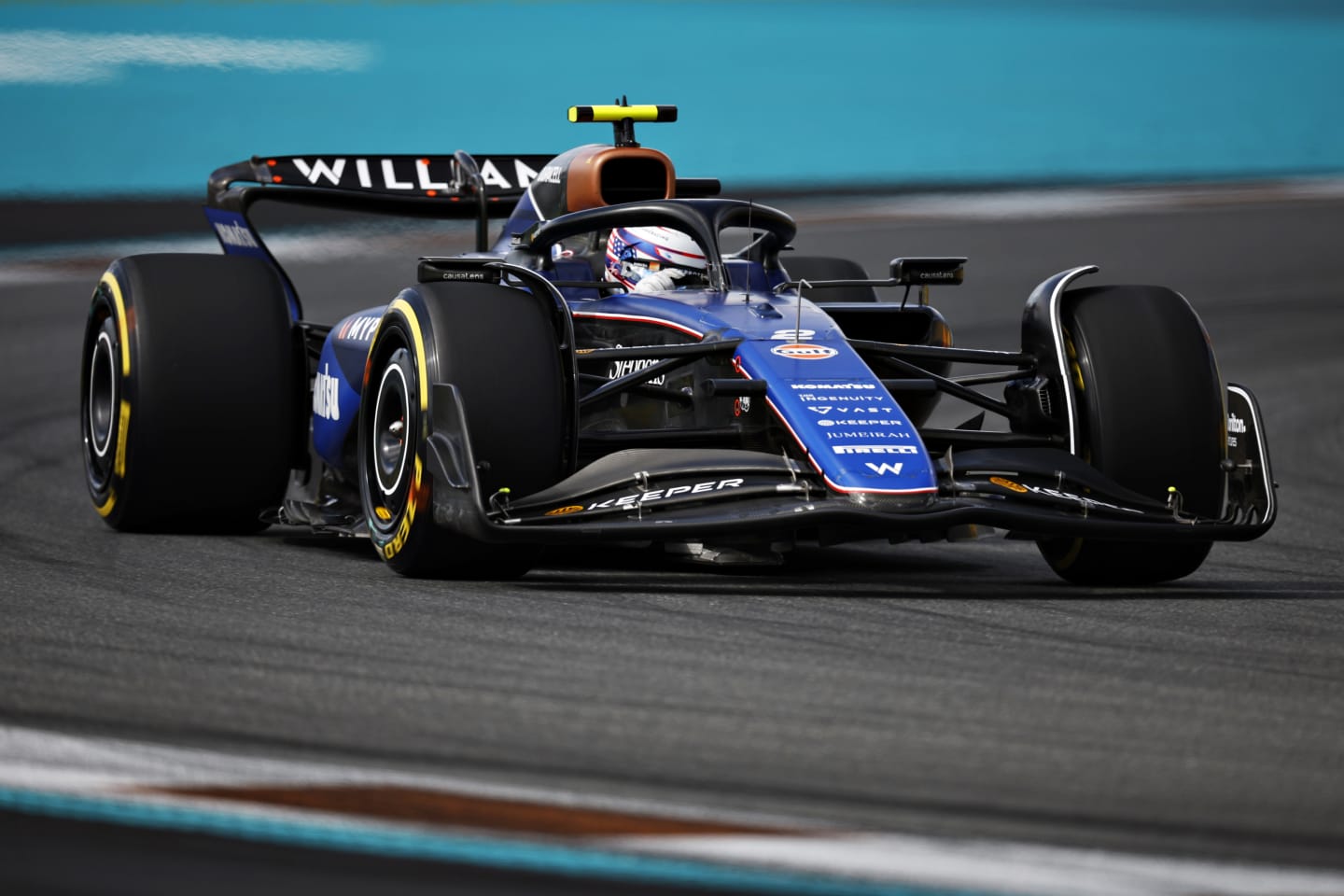 MIAMI, FLORIDA - MAY 03: Logan Sargeant of United States driving the (2) Williams FW46 Mercedes on track during Sprint Qualifying ahead of the F1 Grand Prix of Miami at Miami International Autodrome on May 03, 2024 in Miami, Florida. (Photo by Chris Graythen/Getty Images)