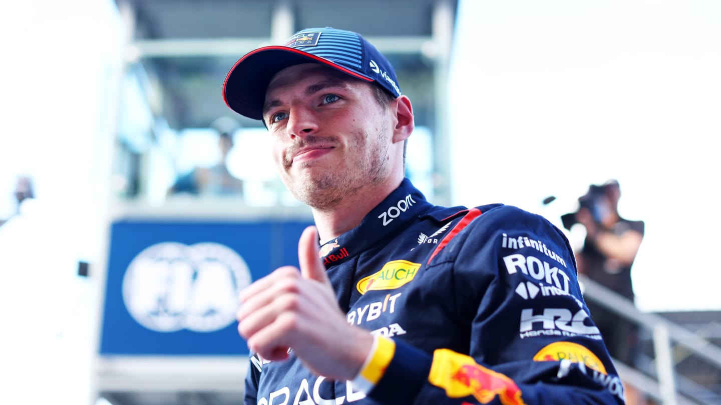 MIAMI, FLORIDA - MAY 03: Sprint Pole qualifier Max Verstappen of the Netherlands and Oracle Red