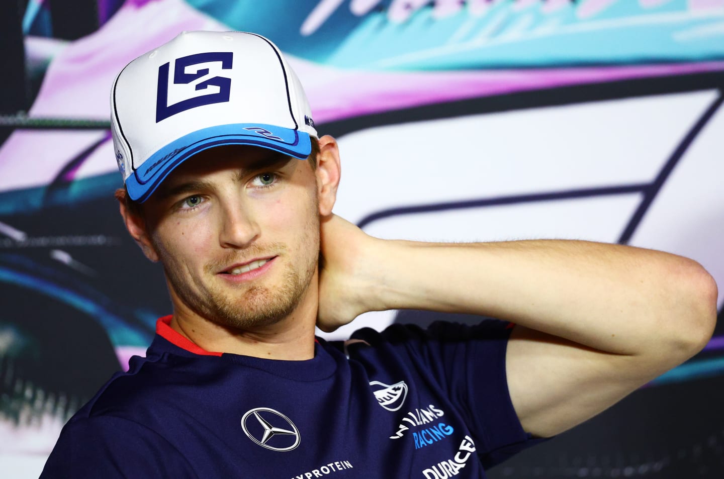 MIAMI, FLORIDA - MAY 02: Logan Sargeant of United States driving the (2) Williams FW46 Mercedes attends the Drivers Press Conference during previews ahead of the F1 Grand Prix of Miami at Miami International Autodrome on May 02, 2024 in Miami, Florida. (Photo by Clive Rose/Getty Images)