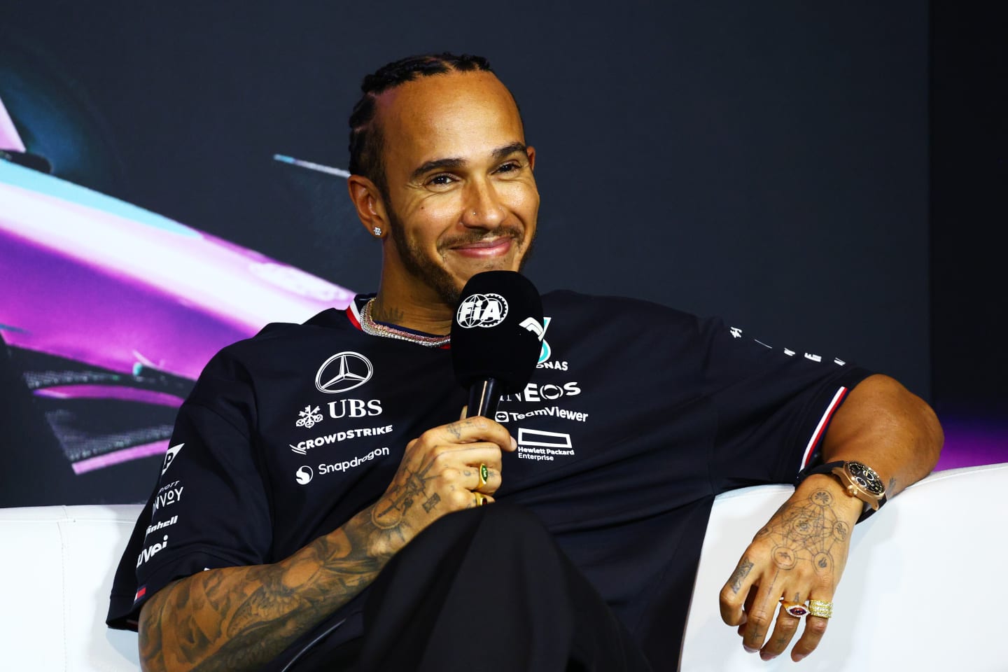 MIAMI, FLORIDA - MAY 02: Lewis Hamilton of Great Britain and Mercedes attends the Drivers Press