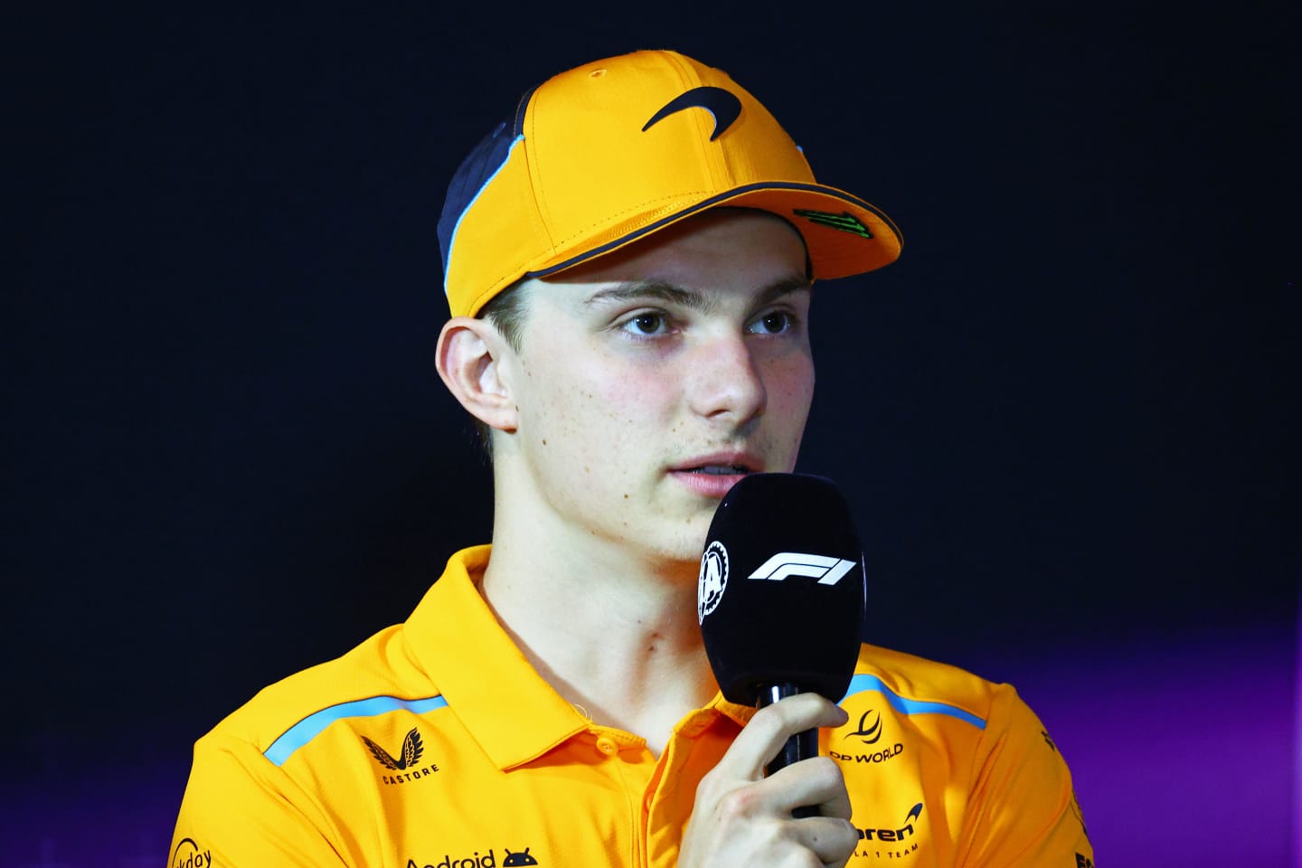 MIAMI, FLORIDA - MAY 02: Oscar Piastri of Australia and McLaren attends the Drivers Press Conference during previews ahead of the F1 Grand Prix of Miami at Miami International Autodrome on May 02, 2024 in Miami, Florida. (Photo by Clive Rose/Getty Images)