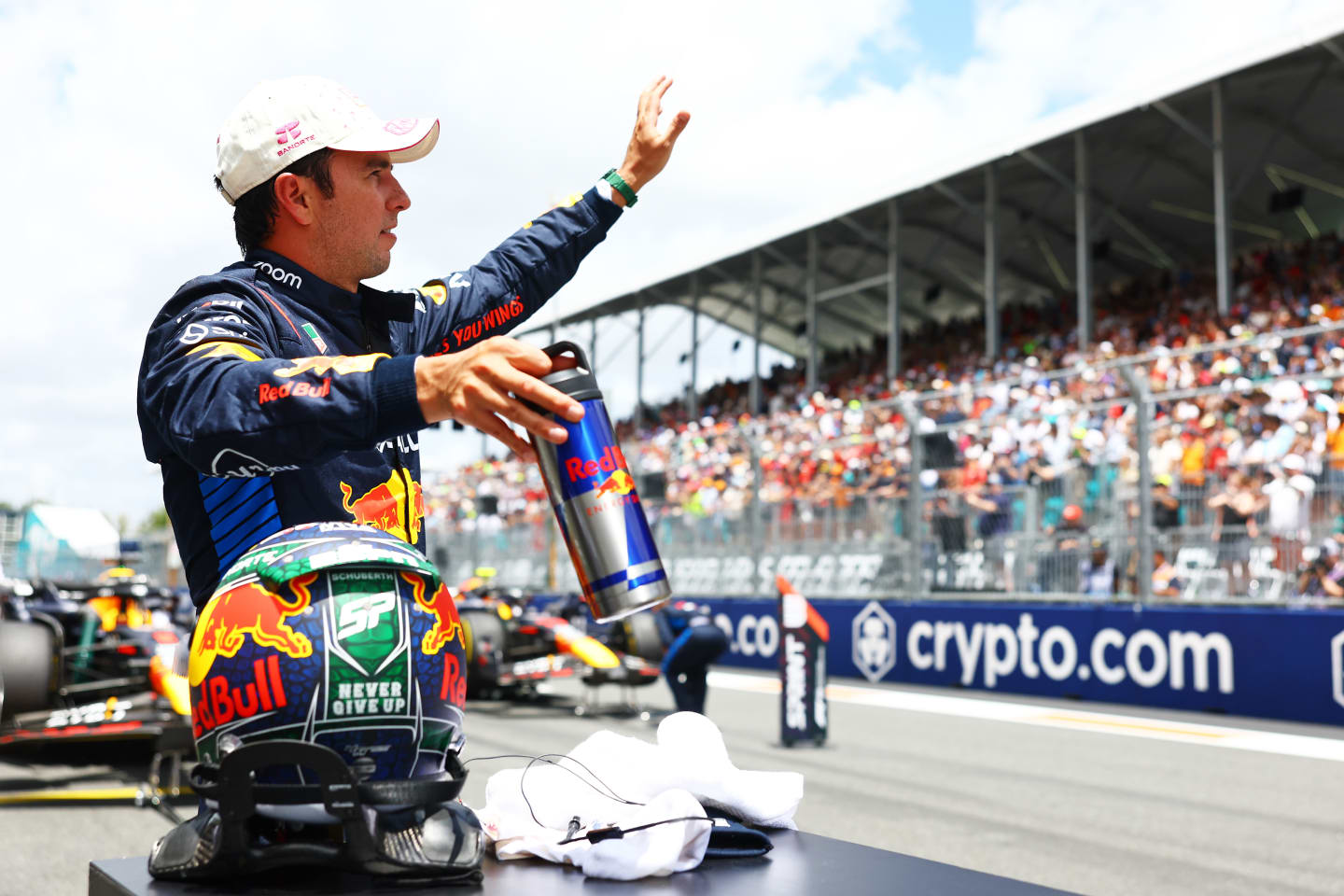 MIAMI, FLORIDA - MAY 04: Third placed Sergio Perez of Mexico and Oracle Red Bull Racing celebrates in parc ferme during the Sprint ahead of the F1 Grand Prix of Miami at Miami International Autodrome on May 04, 2024 in Miami, Florida. (Photo by Mark Thompson/Getty Images)