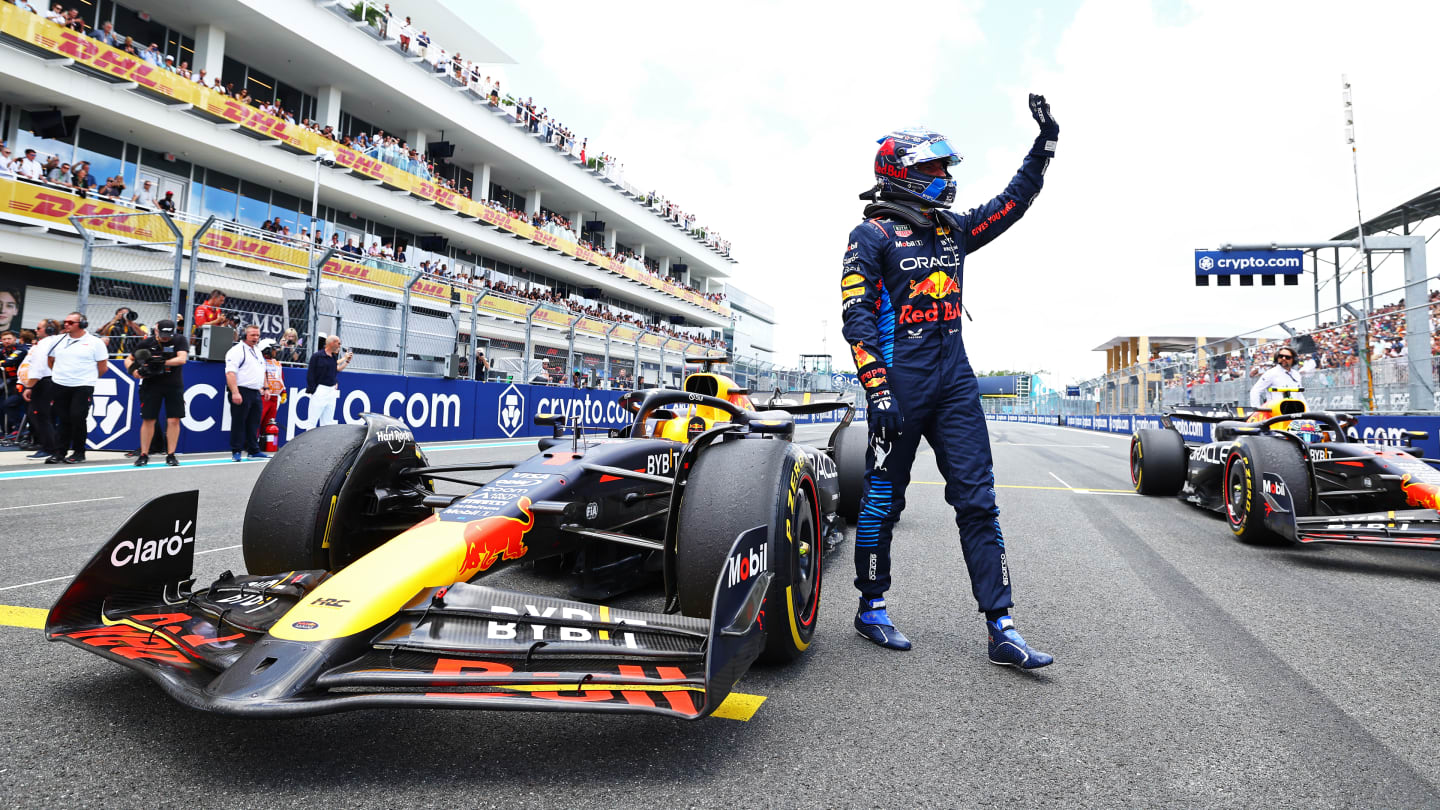 MIAMI, FLORIDA - MAY 04: Sprint winner Max Verstappen of the Netherlands and Oracle Red Bull Racing celebrates in parc ferme during the Sprint ahead of the F1 Grand Prix of Miami at Miami International Autodrome on May 04, 2024 in Miami, Florida. (Photo by Clive Rose - Formula 1/Formula 1 via Getty Images)