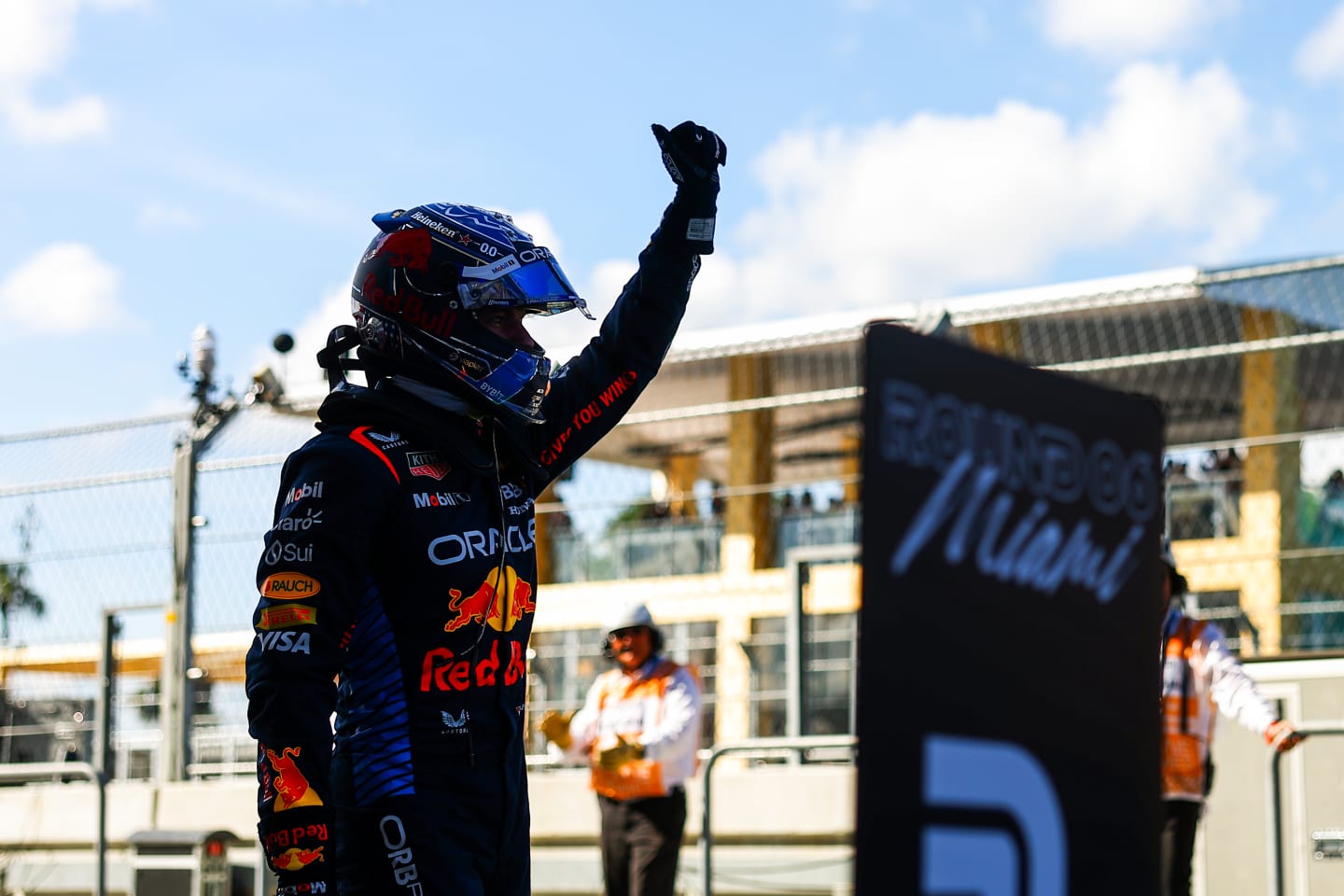 MIAMI, FLORIDA - MAY 04: Pole position qualifier Max Verstappen of the Netherlands and Oracle Red