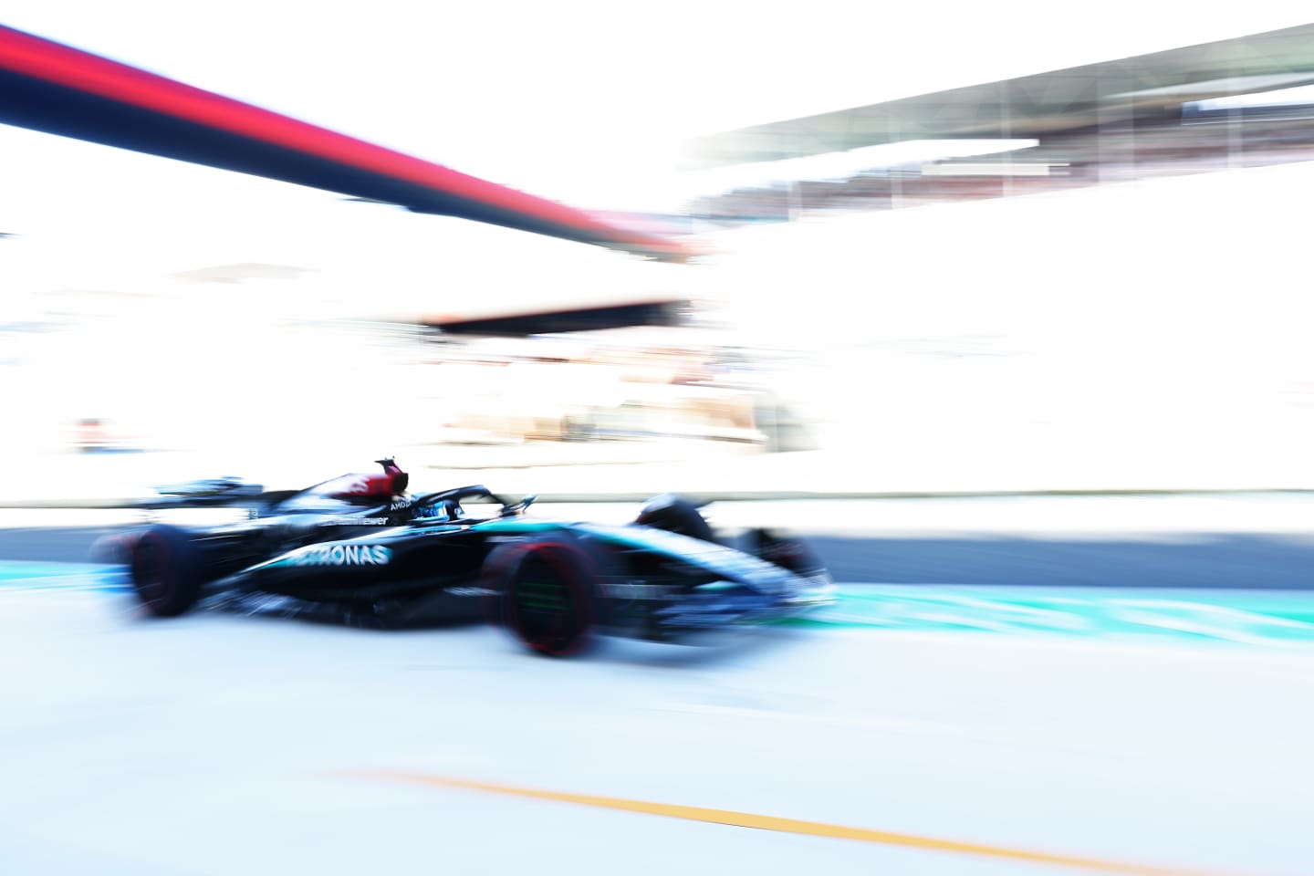 MIAMI, FLORIDA - MAY 04: George Russell of Great Britain driving the (63) Mercedes AMG Petronas F1 Team W15 in the Pitlane during qualifying ahead of the F1 Grand Prix of Miami at Miami International Autodrome on May 04, 2024 in Miami, Florida. (Photo by Mark Thompson/Getty Images)