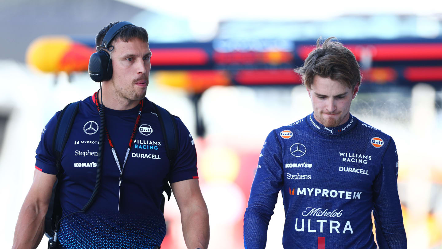 MIAMI, FLORIDA - MAY 04: 17th placed qualifier Logan Sargeant of United States and Williams walks in the Pitlane during qualifying ahead of the F1 Grand Prix of Miami at Miami International Autodrome on May 04, 2024 in Miami, Florida. (Photo by Clive Rose - Formula 1/Formula 1 via Getty Images)