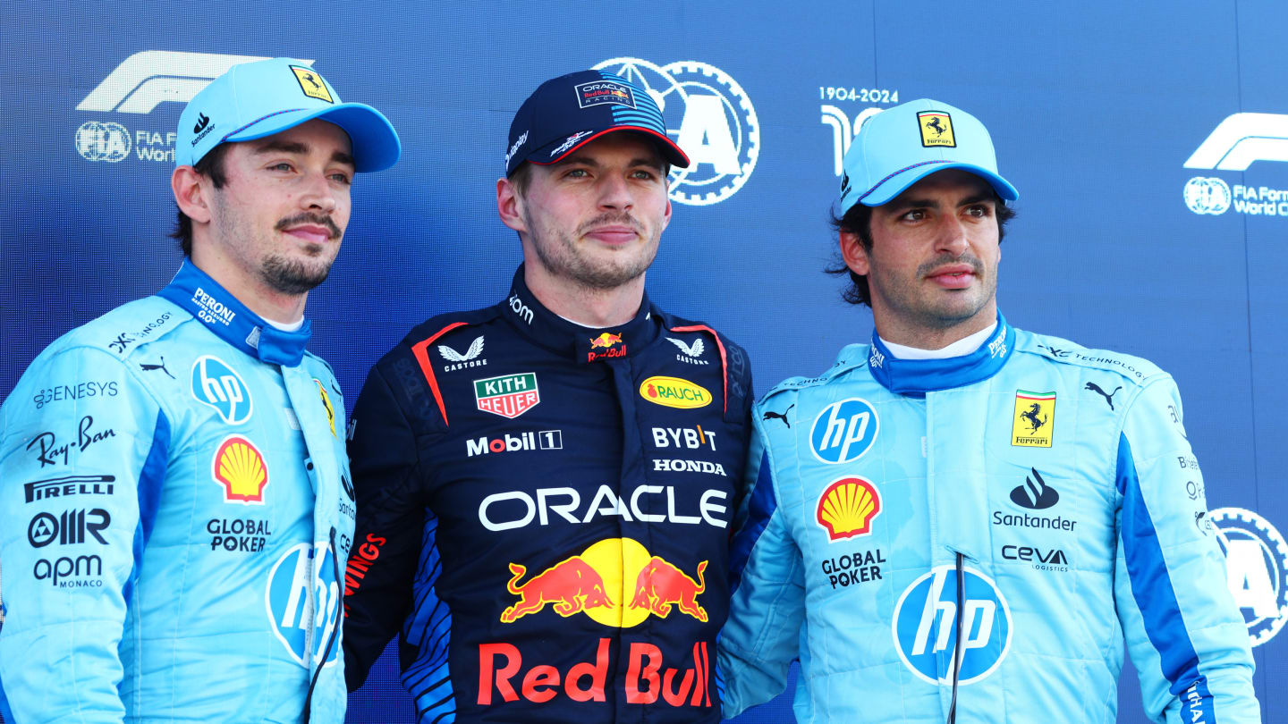 MIAMI, FLORIDA - MAY 04: Pole position qualifier Max Verstappen of the Netherlands and Oracle Red Bull Racing, Second placed qualifier Charles Leclerc of Monaco and Ferrari and Third placed qualifier Carlos Sainz of Spain and Ferrari pose for a photo in parc ferme during qualifying ahead of the F1 Grand Prix of Miami at Miami International Autodrome on May 04, 2024 in Miami, Florida. (Photo by Clive Rose - Formula 1/Formula 1 via Getty Images)