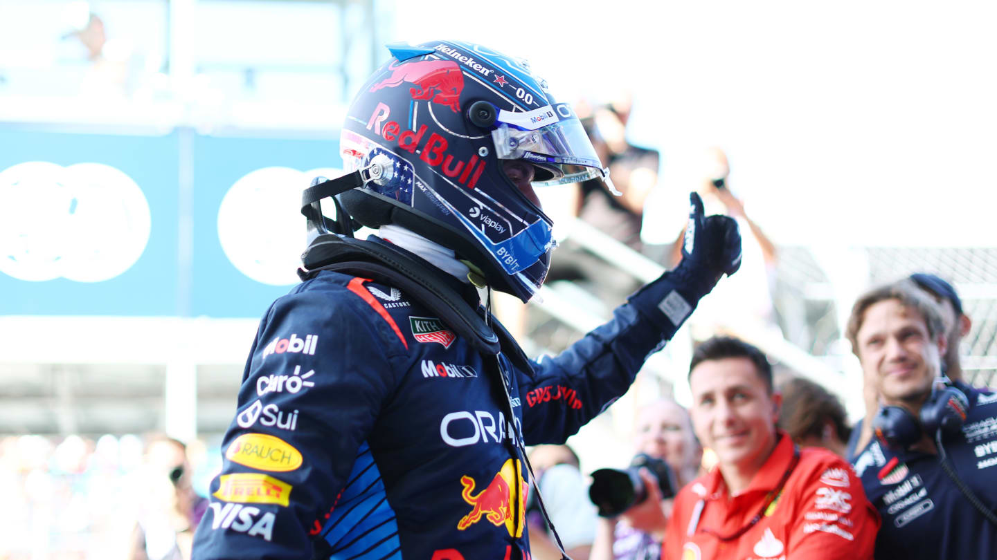 MIAMI, FLORIDA - MAY 04: Pole position qualifier Max Verstappen of the Netherlands and Oracle Red Bull Racing celebrates in parc ferme during qualifying ahead of the F1 Grand Prix of Miami at Miami International Autodrome on May 04, 2024 in Miami, Florida. (Photo by Clive Rose - Formula 1/Formula 1 via Getty Images)