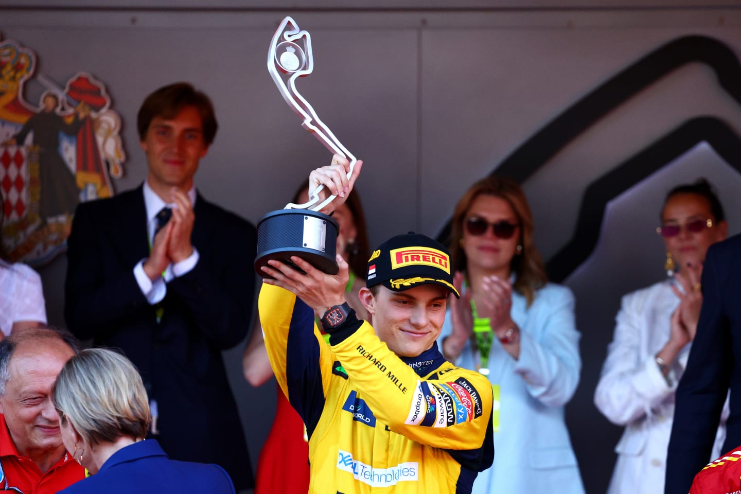 MONTE-CARLO, MONACO - MAY 26: Second placed Oscar Piastri of Australia and McLaren celebrates on the podium during the F1 Grand Prix of Monaco at Circuit de Monaco on May 26, 2024 in Monte-Carlo, Monaco. (Photo by Clive Rose/Getty Images)